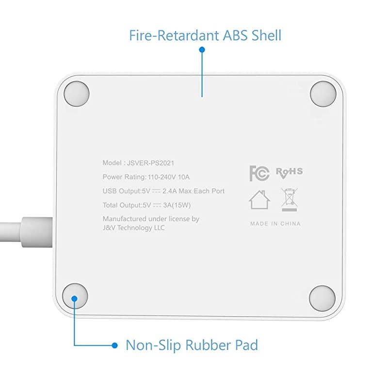 Compact Travel Power Strip with 3 USB Smart Charging Station and 2 Power Outlet White