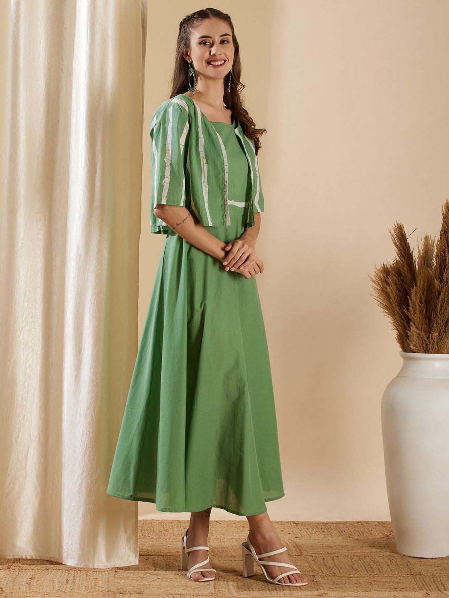 Fashor Green Cotton Printed Maxi Dress With Jacket