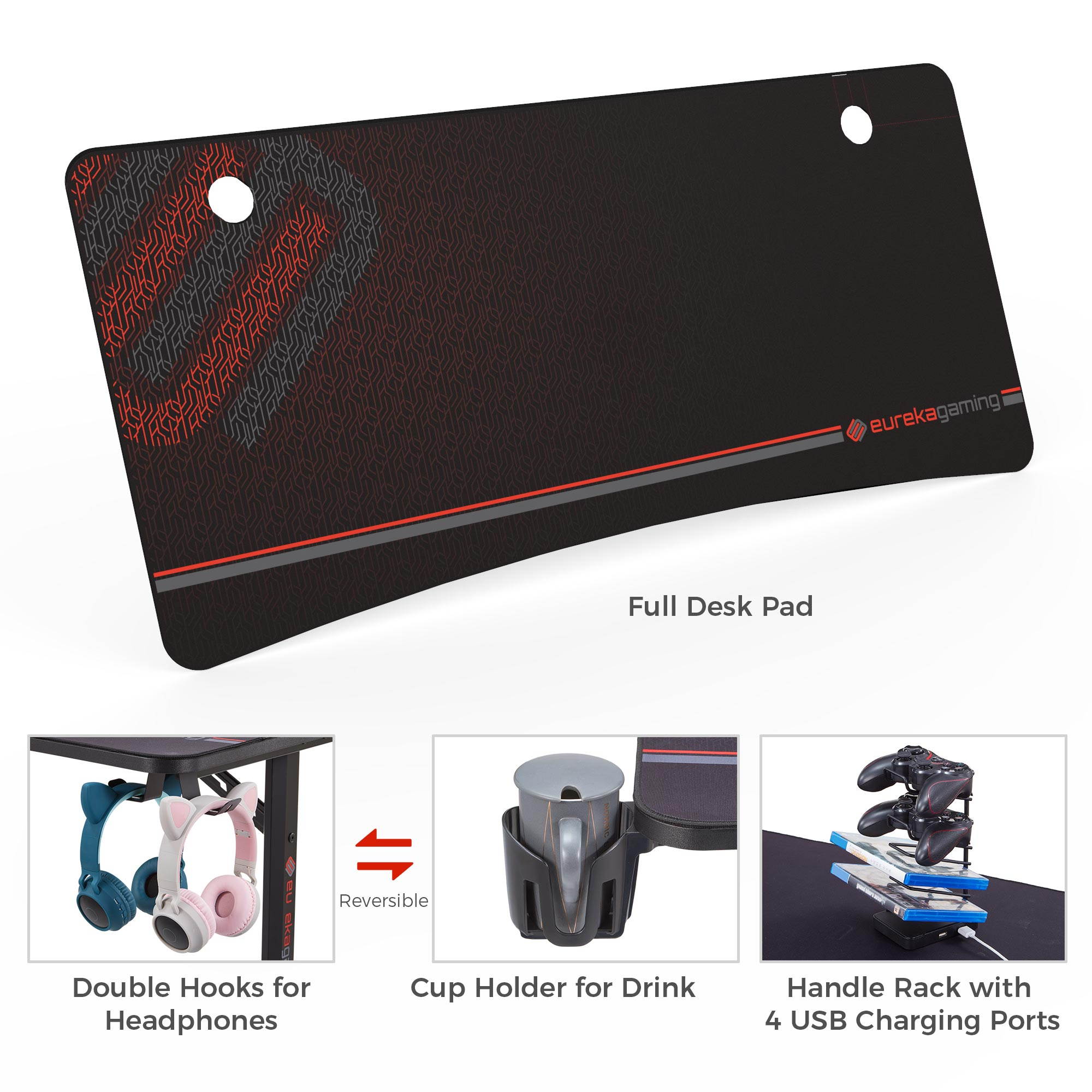 Eureka Ergonomic&reg; Gaming Desk, New Polygon Legs Design Captain Series Home Office Computer Desk with Free Mousepad, Controller Stand, Cup Holder & Headphone Hook- Black, 60"