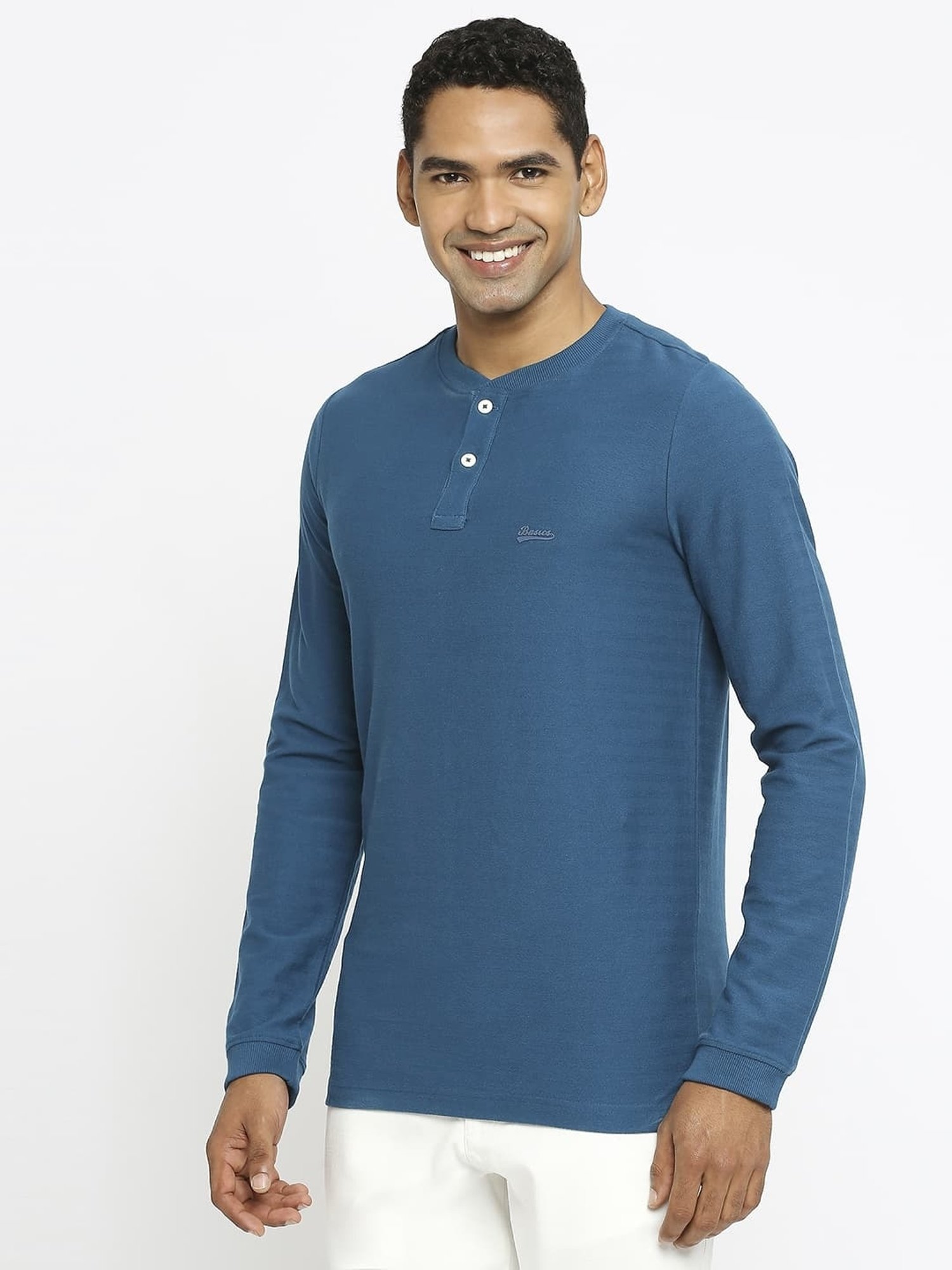Basics Blue Cotton Muscle Fit Henley T-Shirt