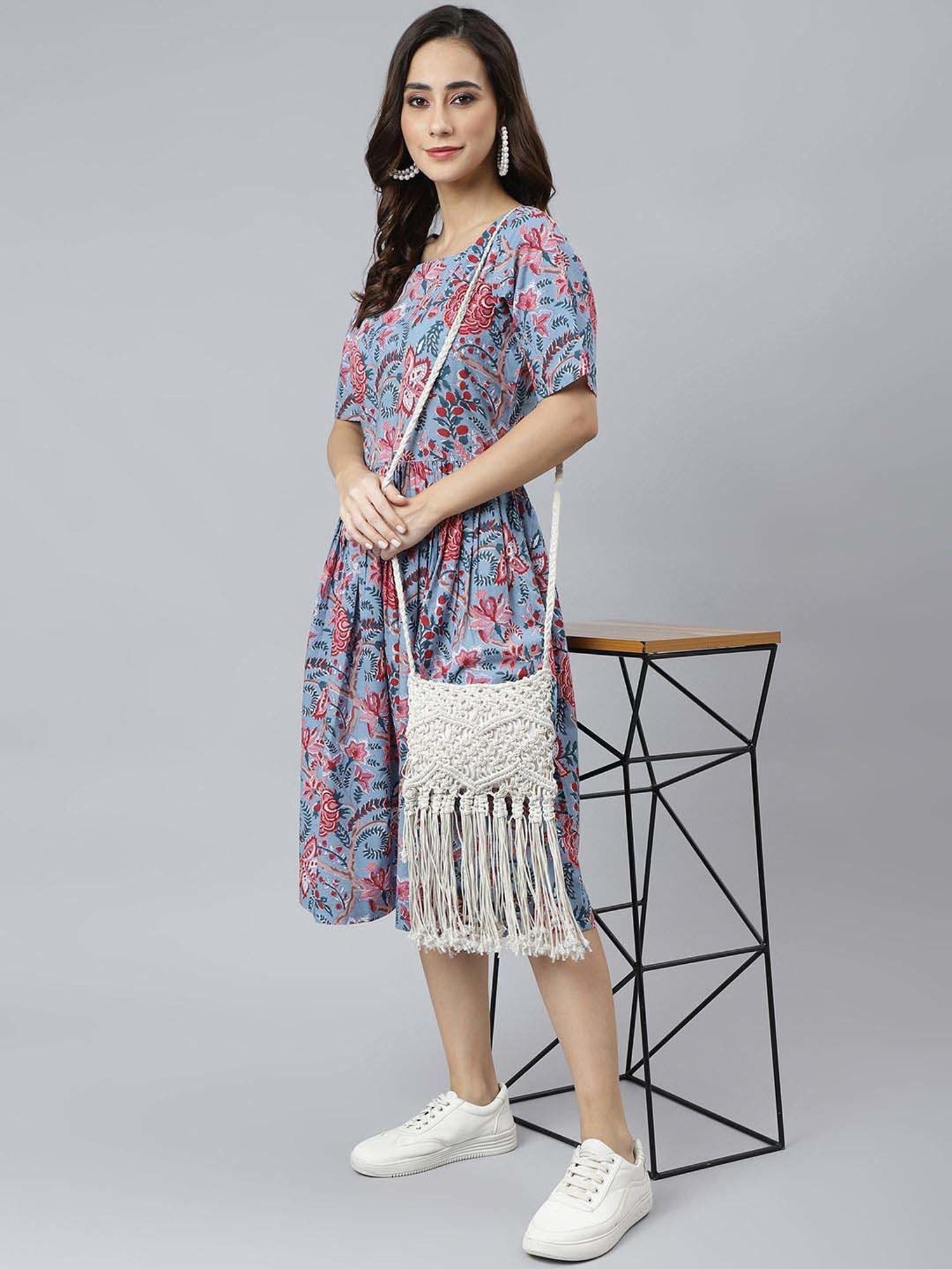 Janasya Blue Cotton Floral Print A-Line Dress