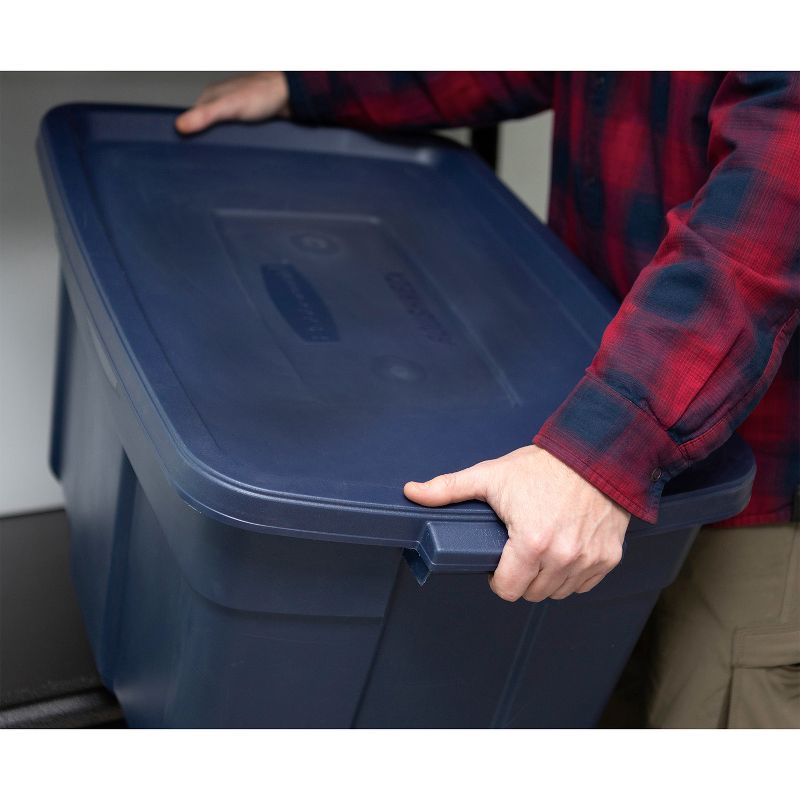 Rubbermaid Roughneck 31 Gallon Rugged Storage Tote in Dark Indigo Metallic with Lid and Handles for Home, Basement, Garage, (6 Pack)