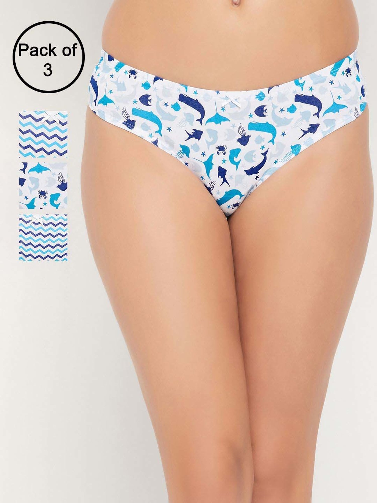 Clovia Blue & White Cotton Printed Hipster Panty - Pack Of 3