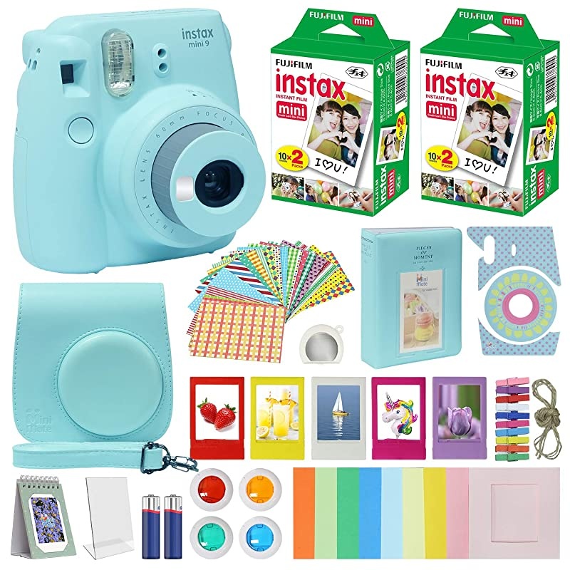 Fuji Instax Mini 9 Instant Camera ICE Blue wCase + Fuji Instax Film Value Pack 40 Sheets for  Instax Mini 9 Camera + Accessories Color Filters Photo Album Selfie Lens + More