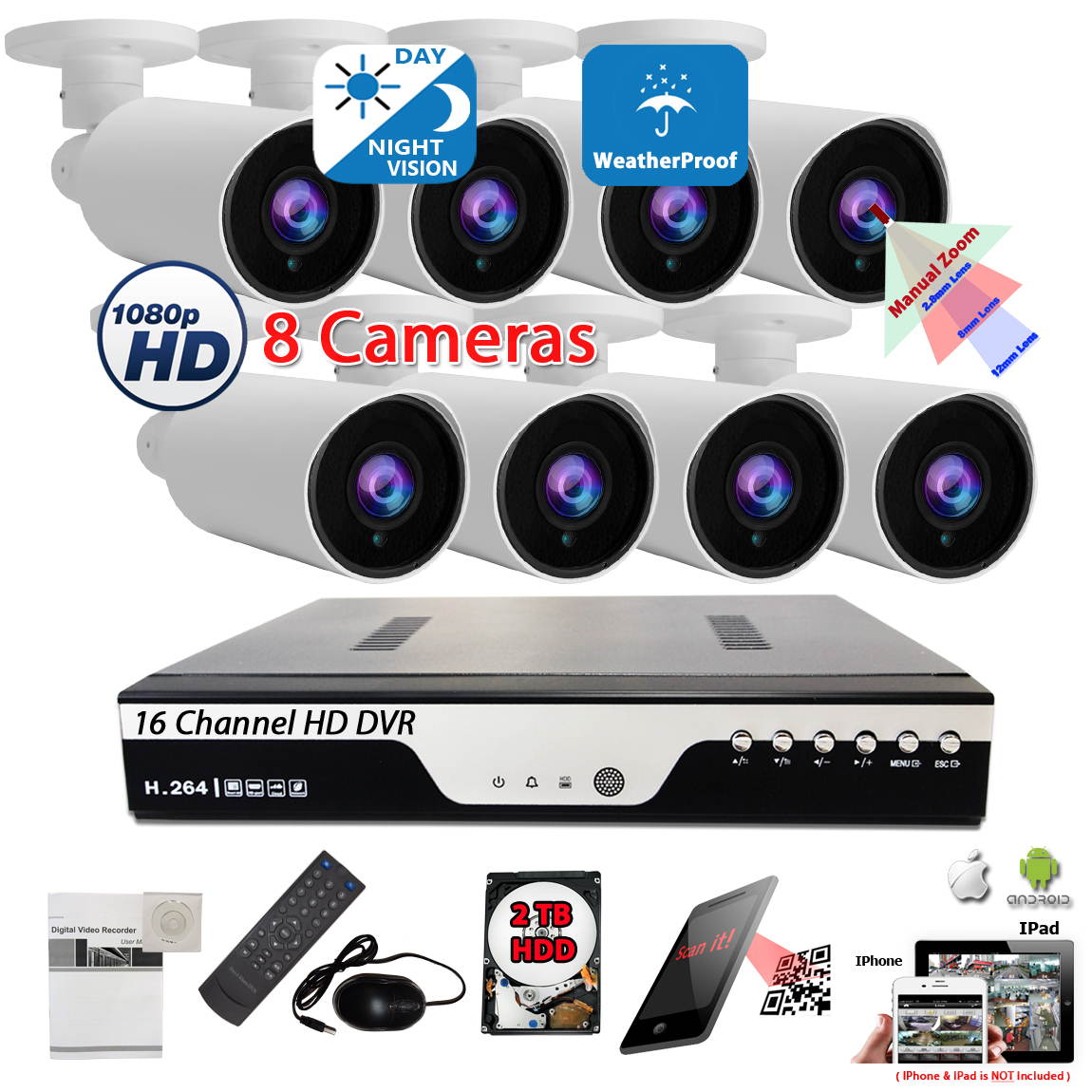 Evertech 16 Channel HD DVR Home Security Camera System w/ 8 pcs 4in1 AHD TVI CVI Analog 1080P HD Indoor Outdoor CCTV Set w/ 2TB Hard Drive