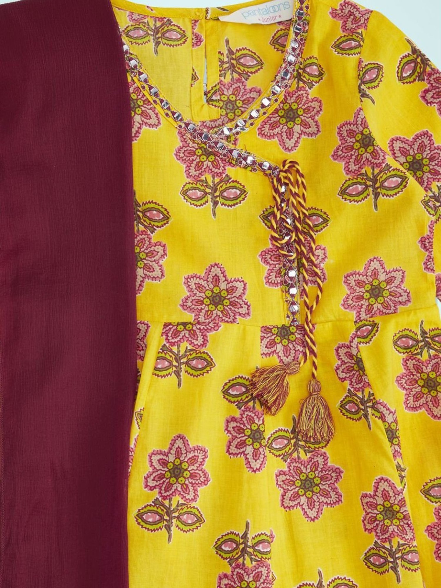 Akkriti by Pantaloons Kids Yellow & Maroon Cotton Floral Print Kurta Set