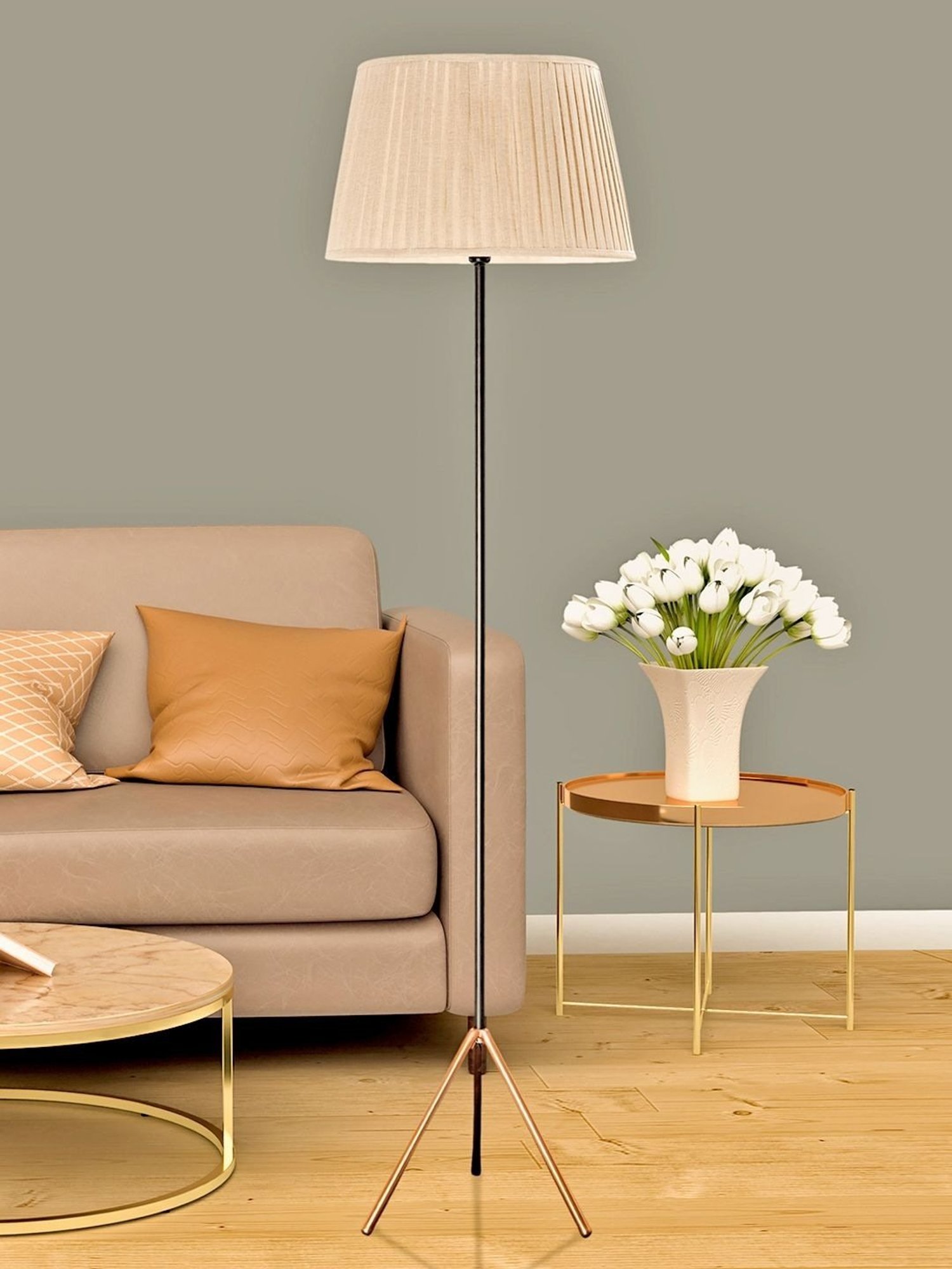 Kapoor Lamp Shades Black & Beige Metal Mizuko Cotton Shade Floor Lamp