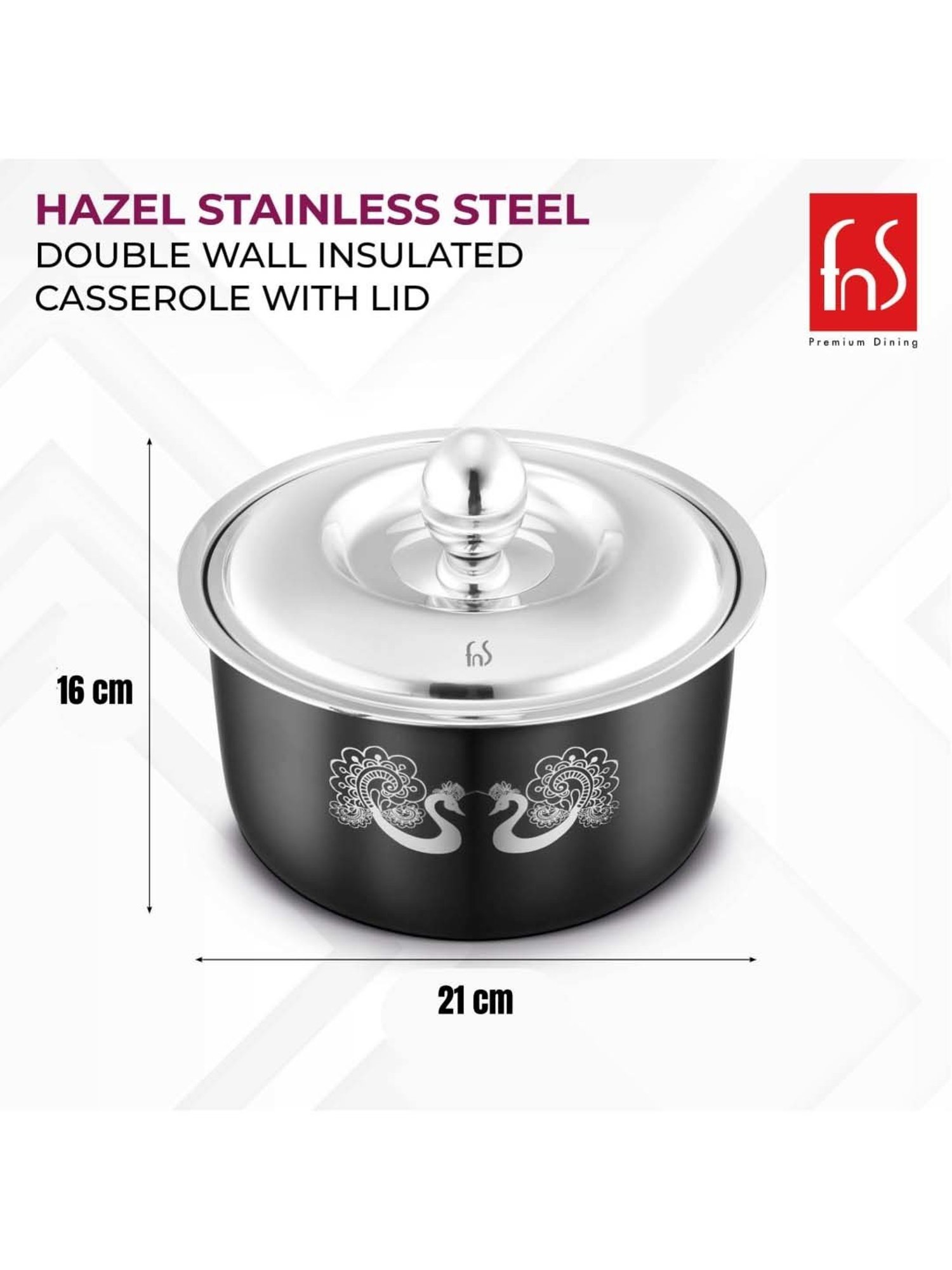 FnS Hazel Black Stainless Steel Casserole With Lid (2.2 L)