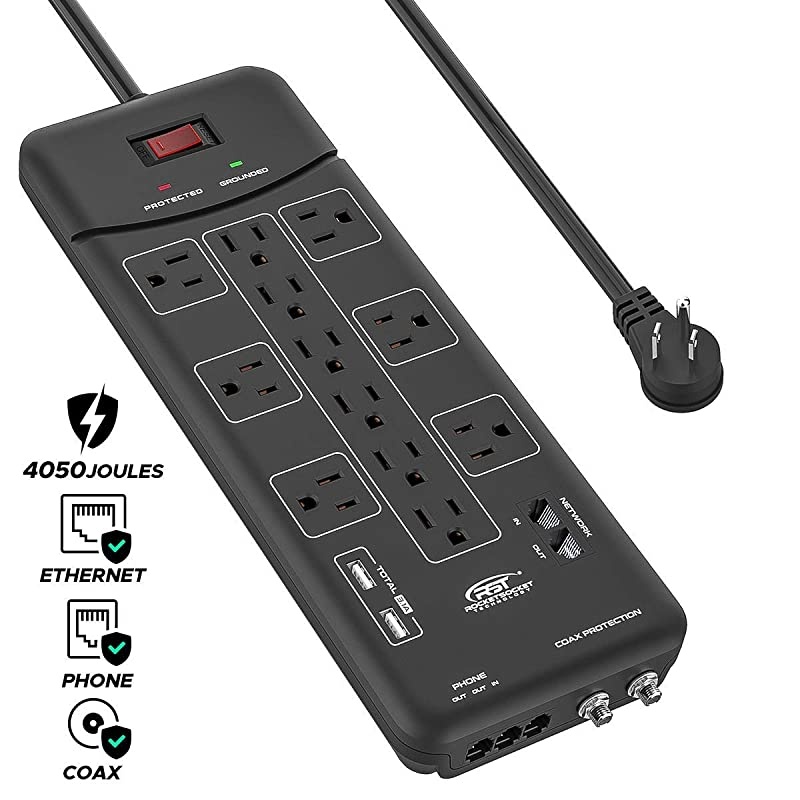 Surge Protector Power Strip 4050Joules with USB31A Flat Plug 9FT Long Cord Black
