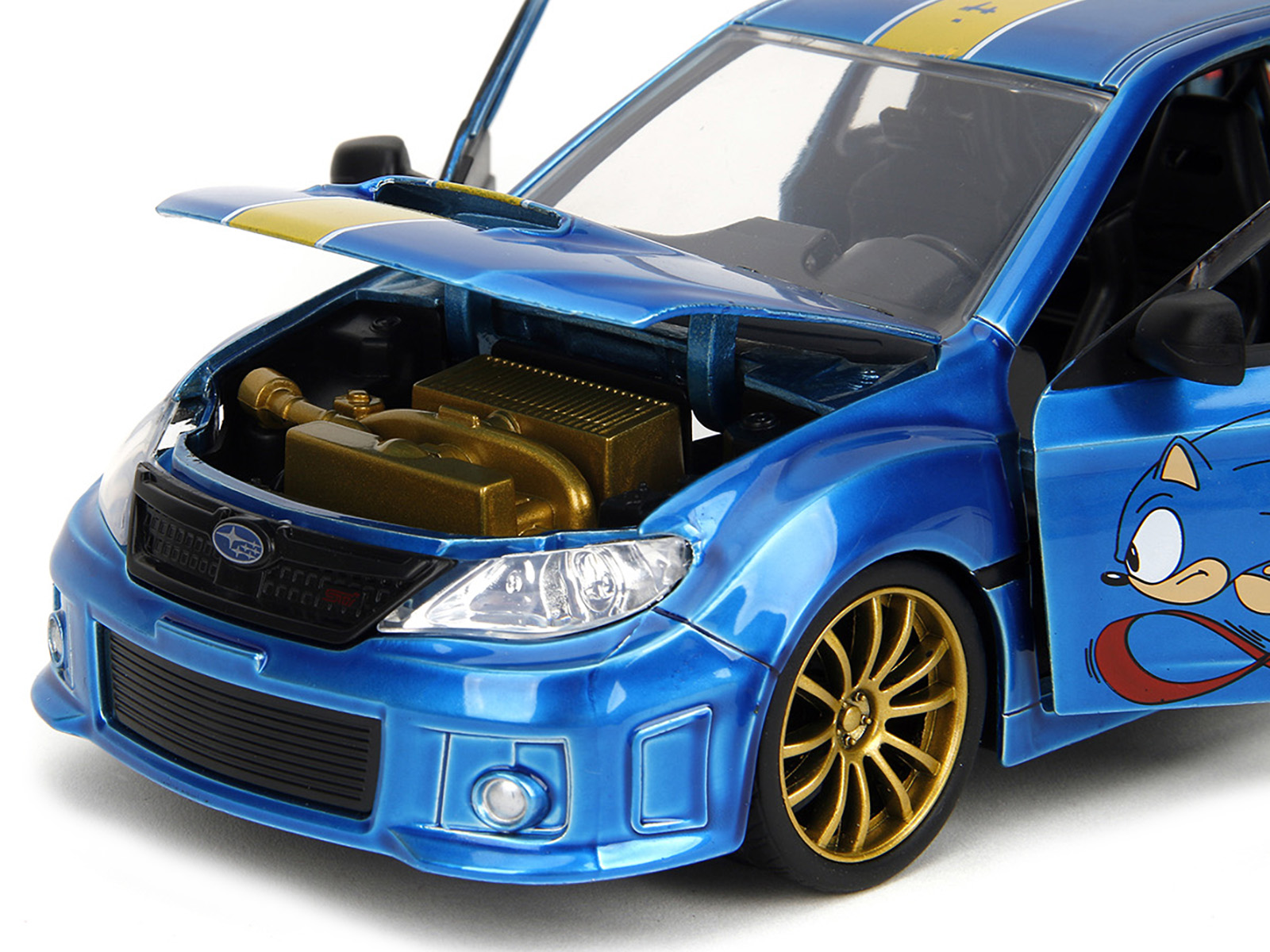 2012 Subaru Impreza WRX STI Blue Metallic with Graphics and Sonic The Hedgehog Diecast Figure "Sonic The Hedgehog" "Hollywood Rides" Series 1/24 Diecast Model Car by Jada