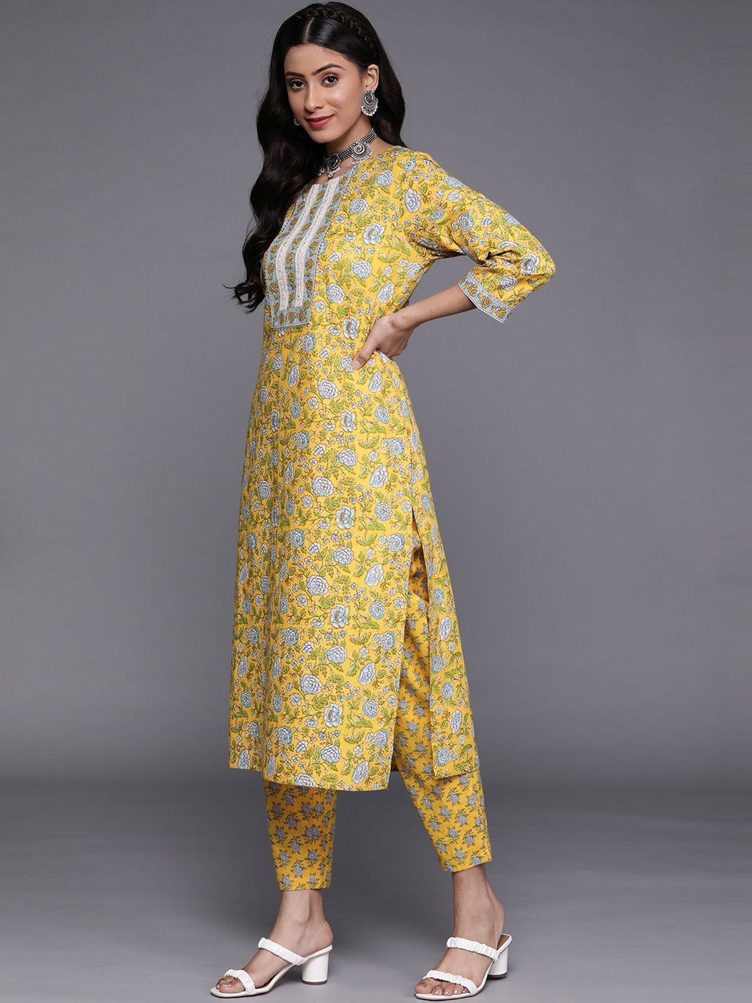 KSUT Yellow Cotton Printed Kurta Pant Set With Dupatta