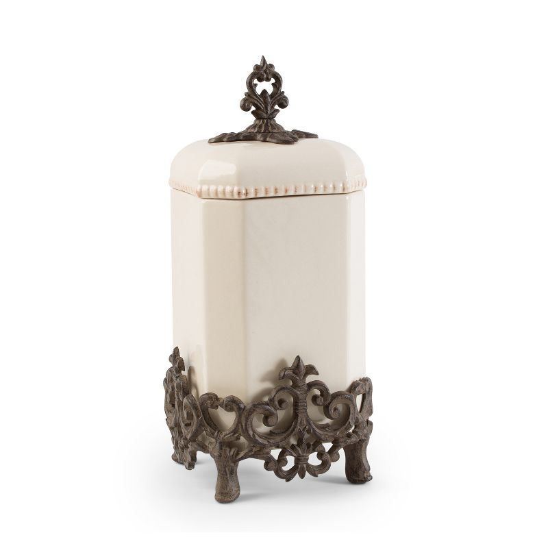 GG Collection 16-Inch Tall Provencial Cream Canister with Brown Metal Scrolled Base