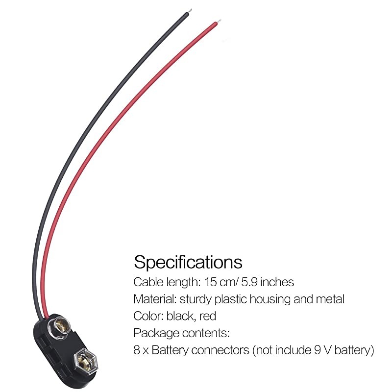 I Type Long Cable Connection Hard Shell Black Red 9 V Battery Clip Connector Buckles 8 Pack I Type Hard Shell 8 Pack