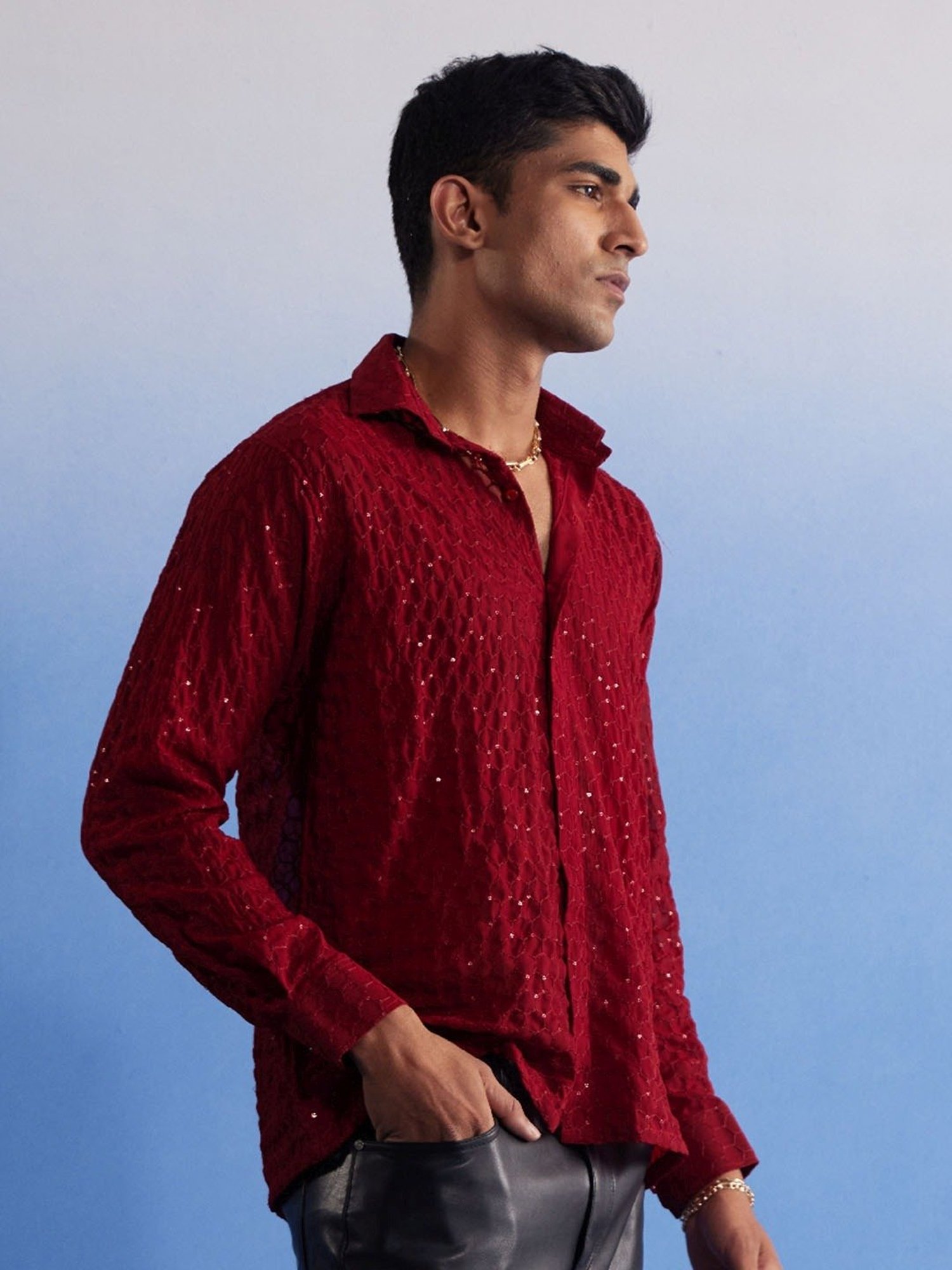 Vastramay Maroon Regular Fit Embroidered Shirt