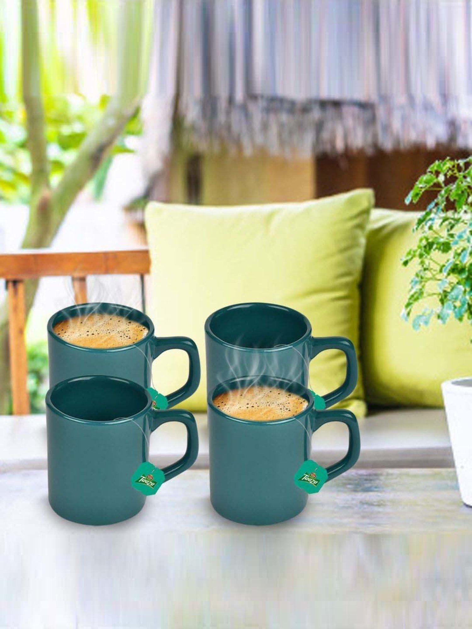 Urban Chef Dark Green Ceramic Droite Handcrafted Microwave Safe Cup - Set of 4