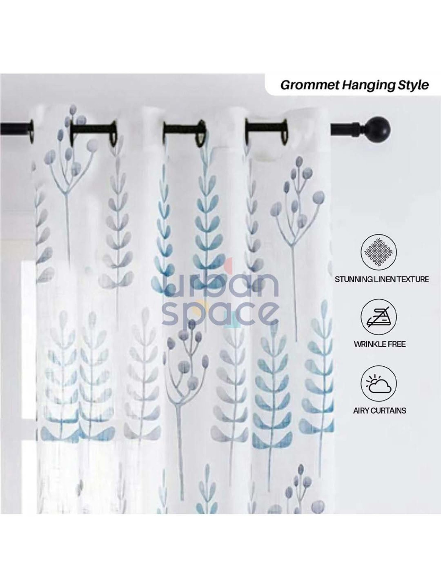 Urban Space Blue Polyester Door Curtain With Tieback & Eyelet - Set of 2