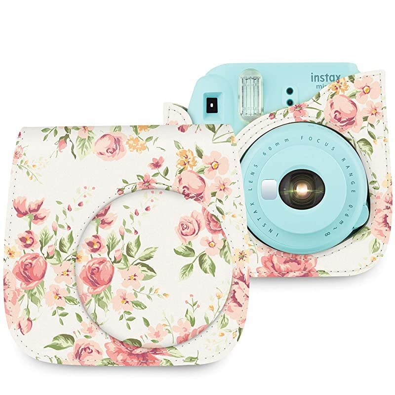 Protective Case Bag Purse Compatible with Fuji Instax Instant Mini 9 Mini 8 Mini 8+ Instant Camera White Vintage Flower Floral