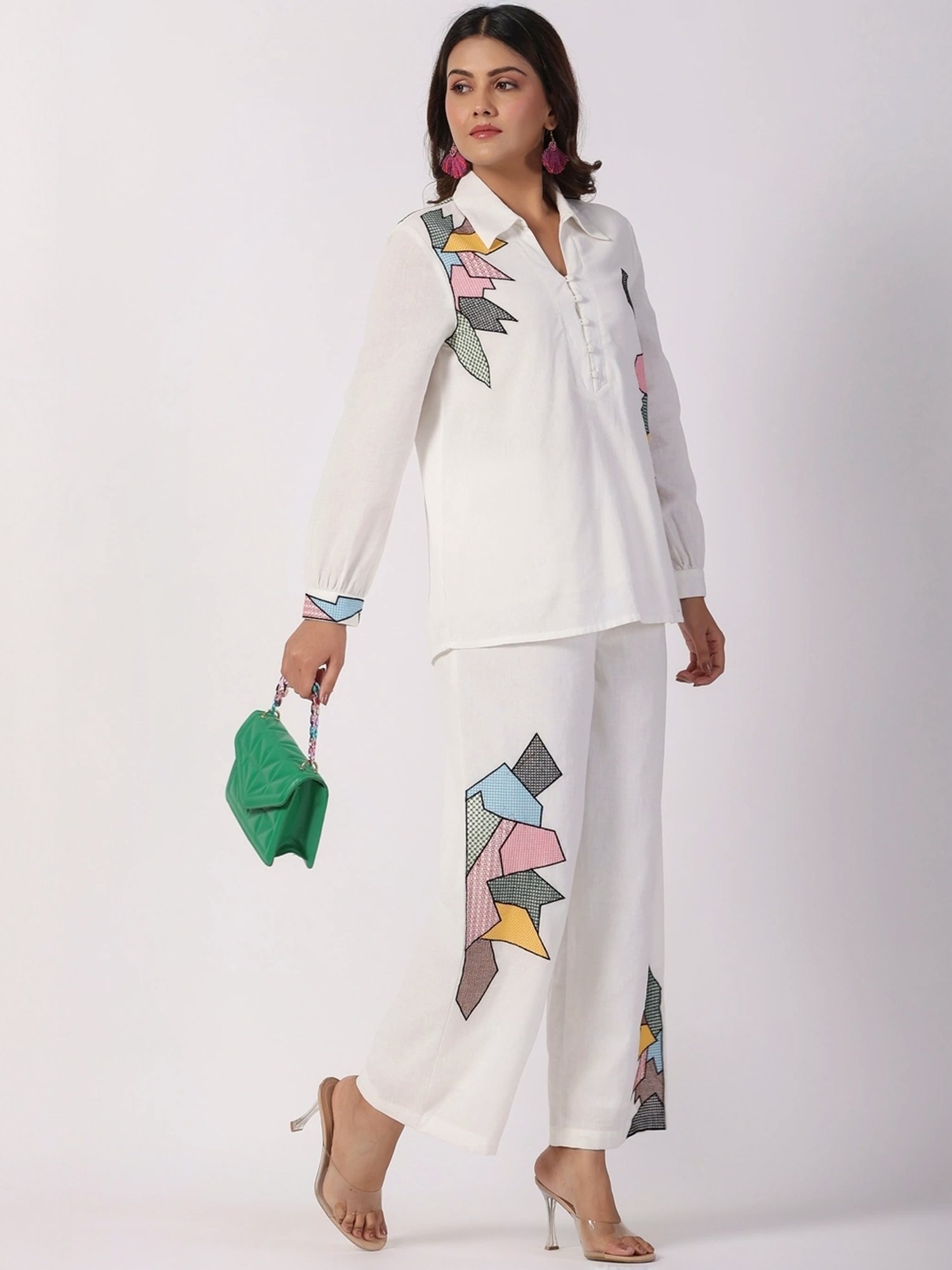 Zolo Label White Cotton Embroidered Top Palazzo Set