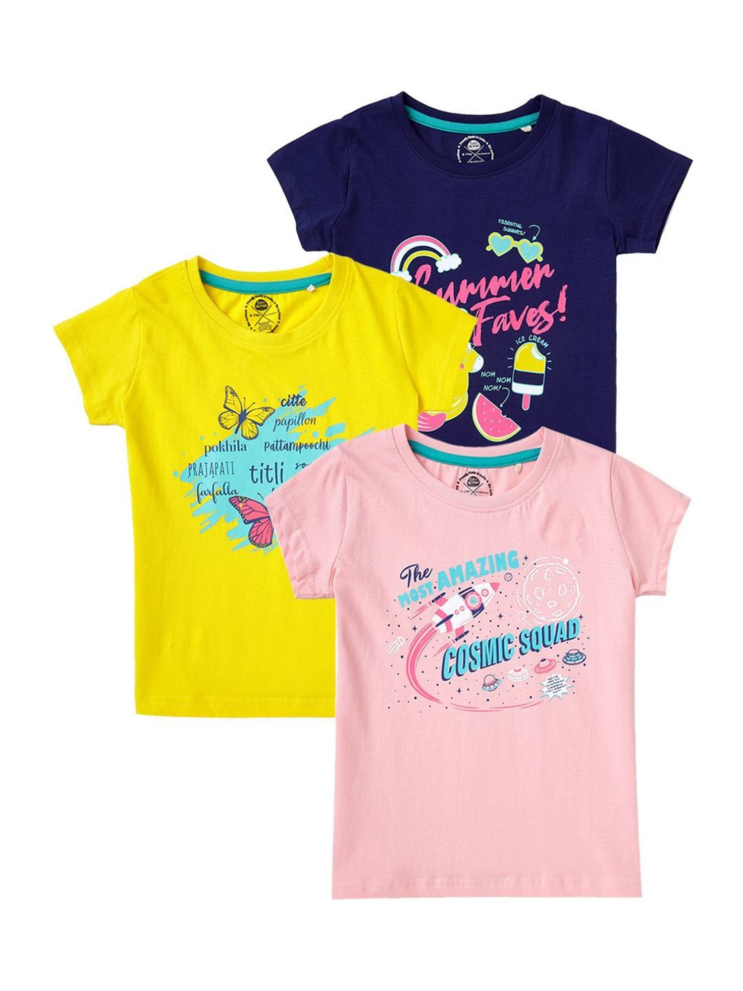 Cub McPaws Kids Multicolor Cotton Printed T-Shirt (Pack of 3)