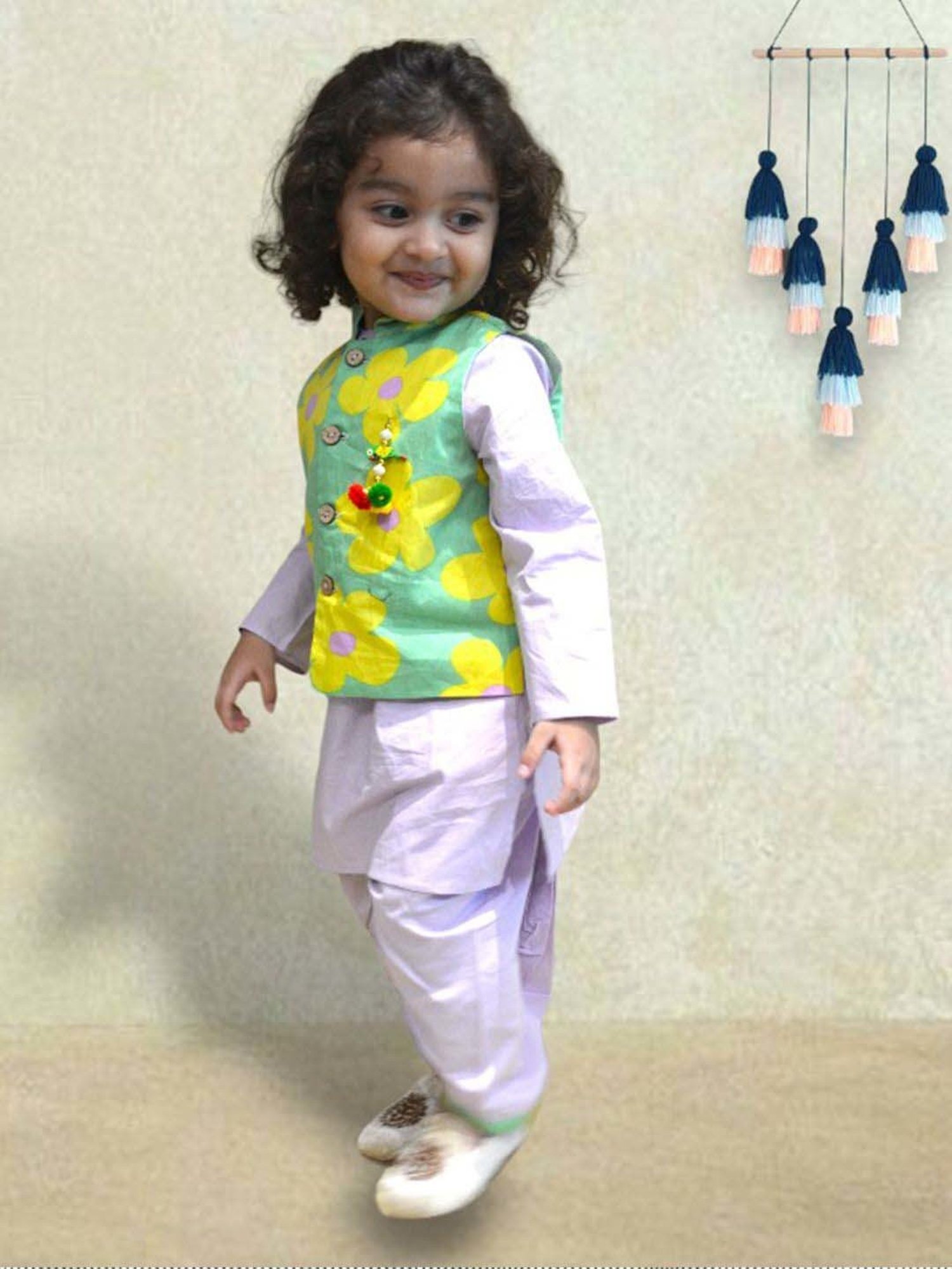 A.T.U.N. Boys Lavender & Green Cotton Printed Full Sleeves Kurta Set