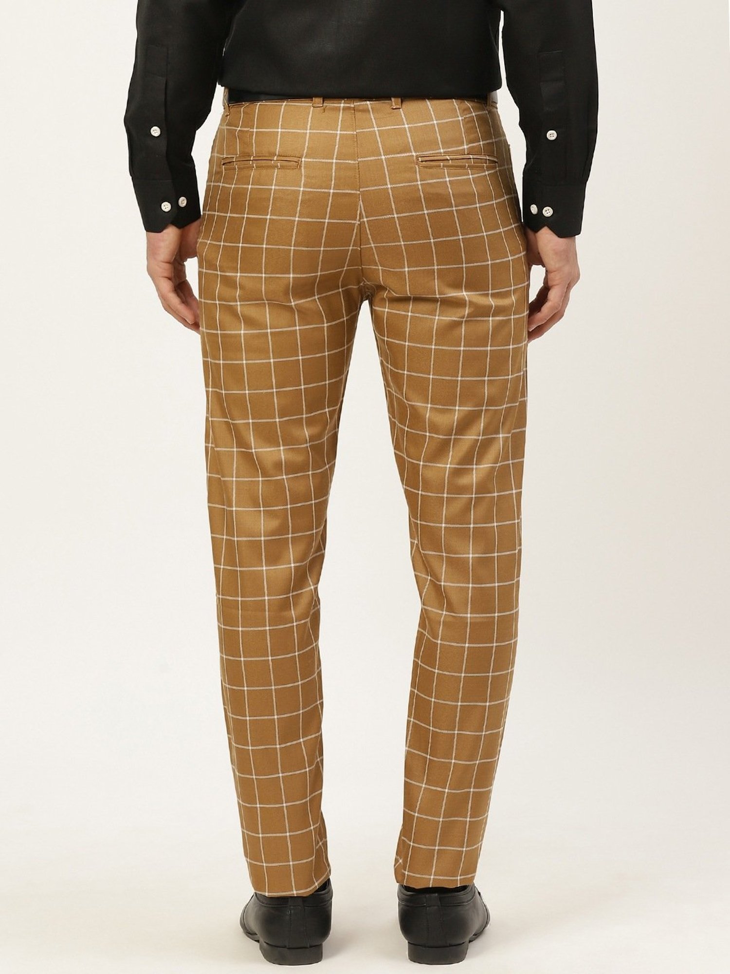 Sojanya Beige Cotton Regular Slim Fit Checks Flat Front Trousers