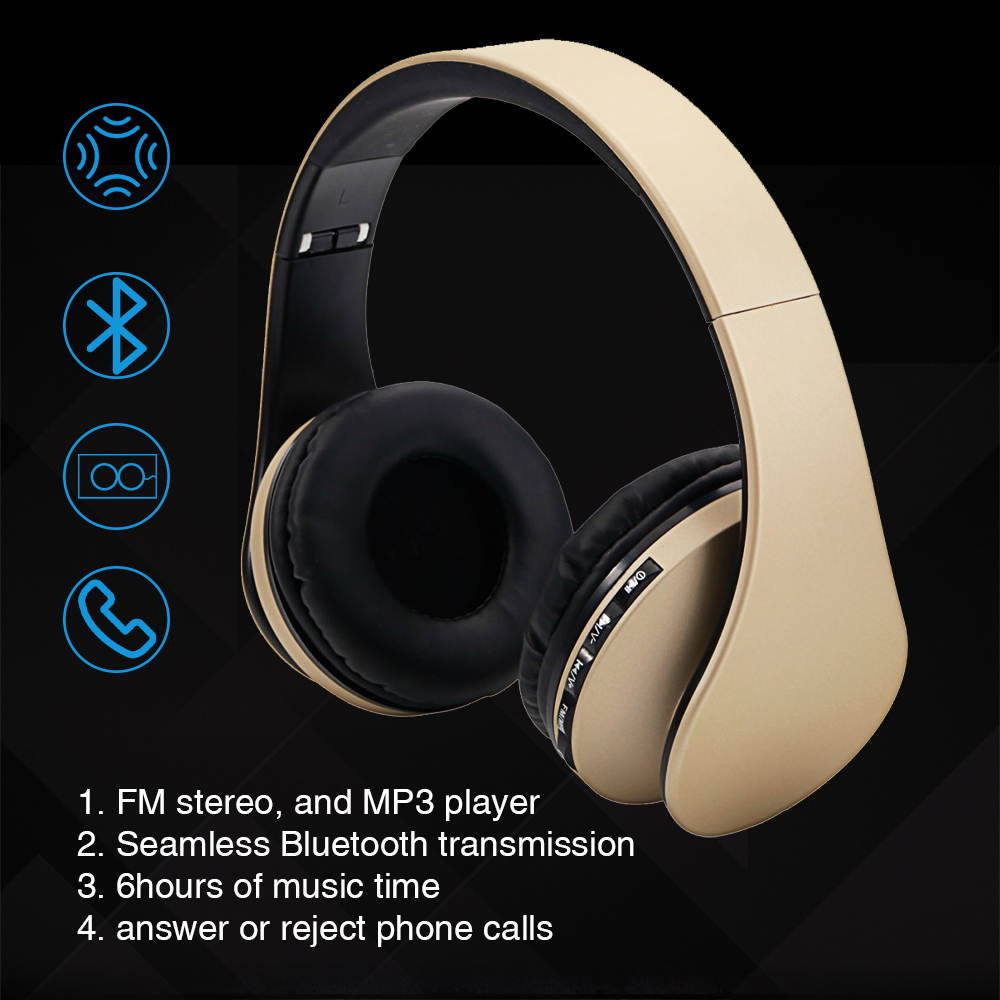 Wireless Headset, UHOMEPRO Bluetooth Headset with Mic, FM and MP3 player functions, Wired Stereo Headphones, Headphones for Music, Sports, Answer or Reject Phone Calls for Wearing  (champagne)