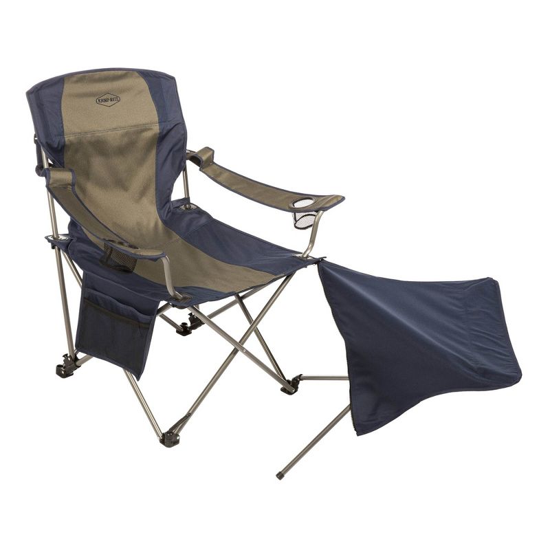 Kamp-Rite Outdoor Folding Tailgating Camping Lounge Chair with 2 Cupholders and Detachable Footrest, Tan/Blue (2 Pack)