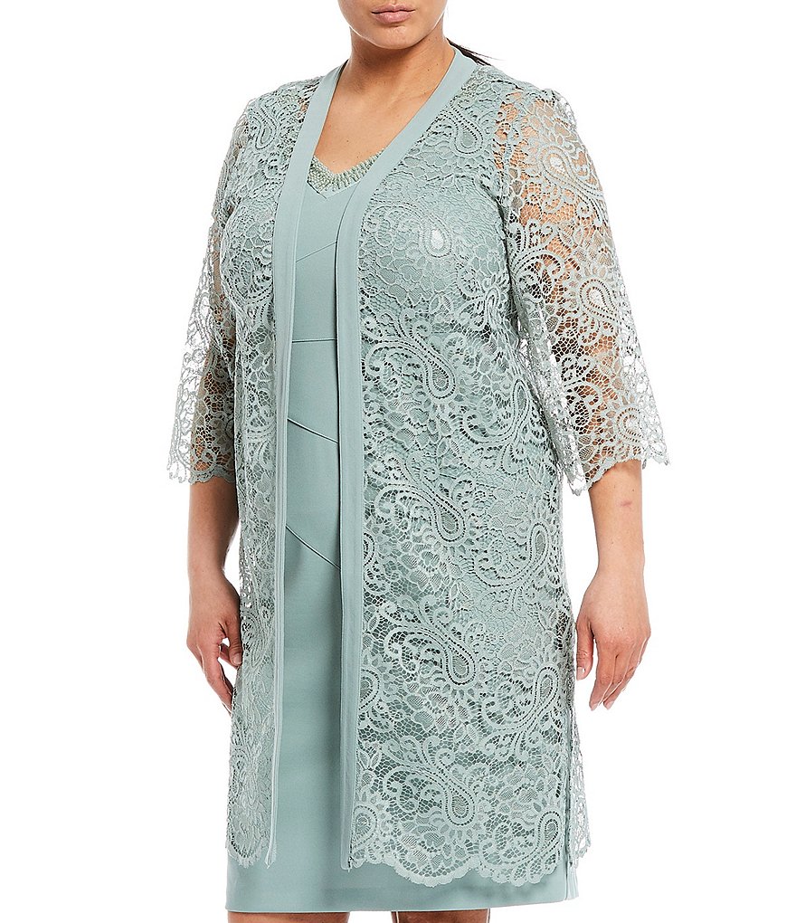 Le Bos Plus Size V-Neck 3/4 Sleeve 2-Piece Lace Jacket Dress