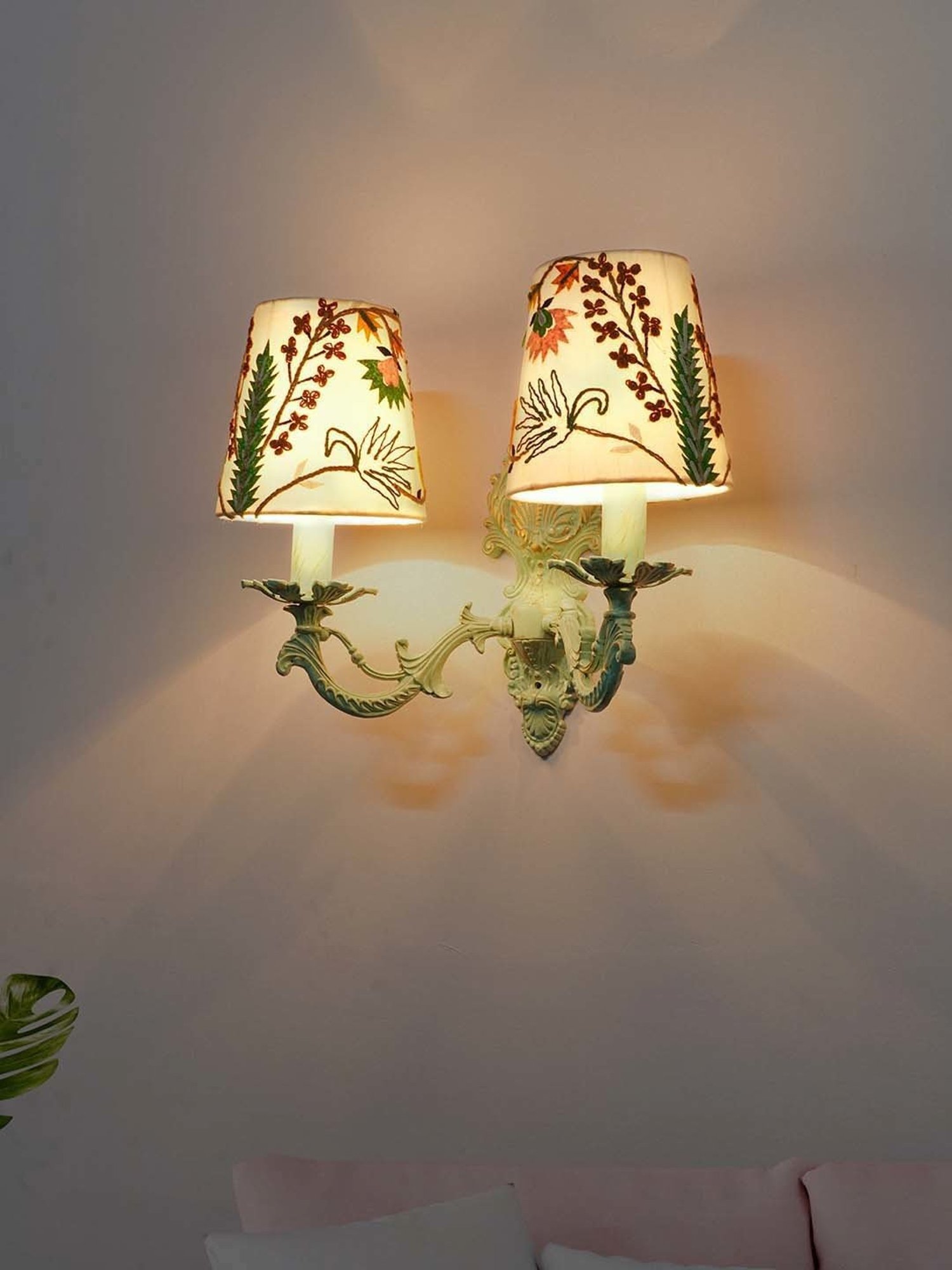 FOS LIGHTING Distressed White & Green Aluminium 2-In-1 Wall Sconce With Fabric Shades