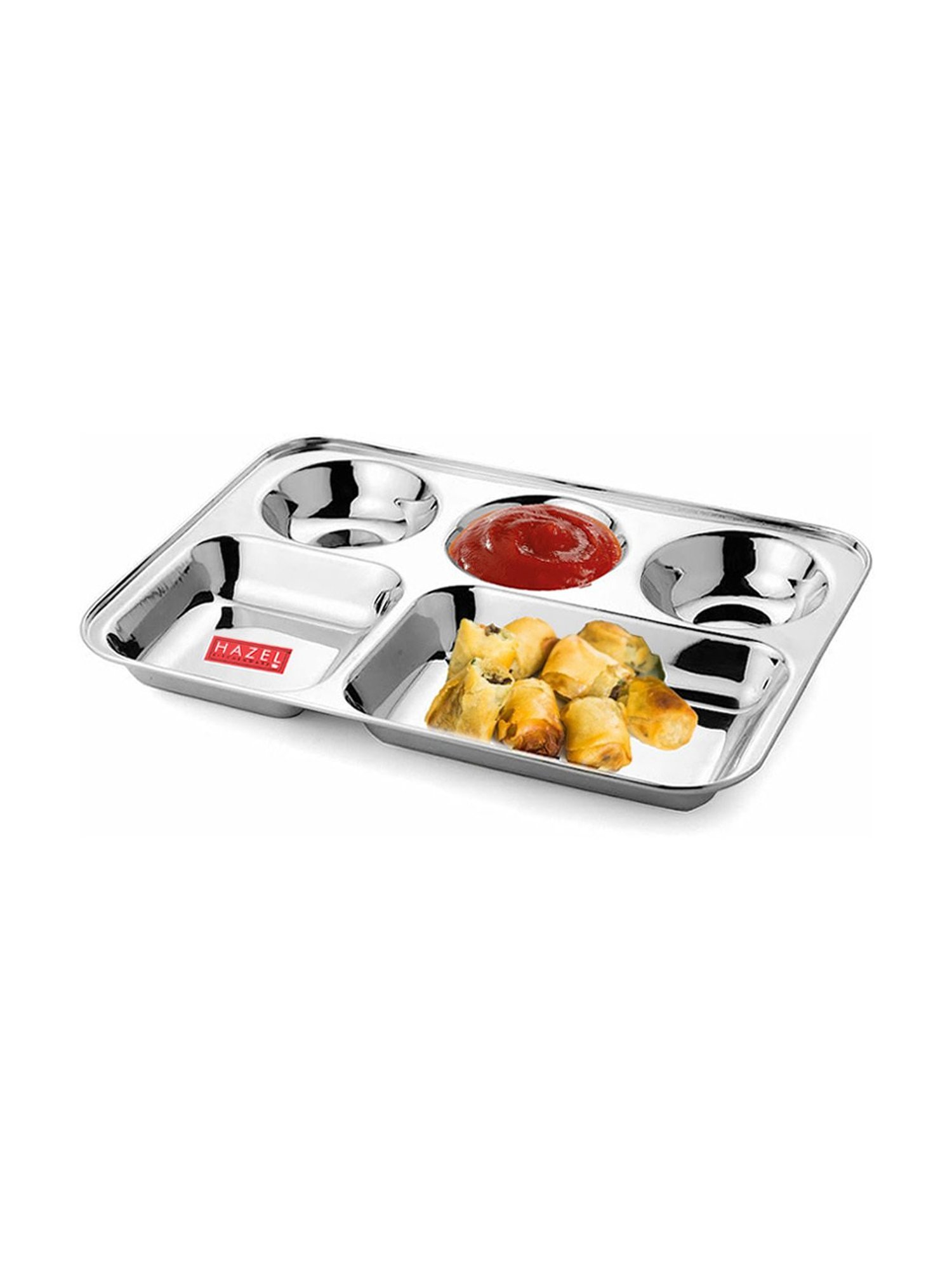 HAZEL Stainless Steel Compartment Mess Plate Steel Rectangle Bhojan Thali with Round Holes