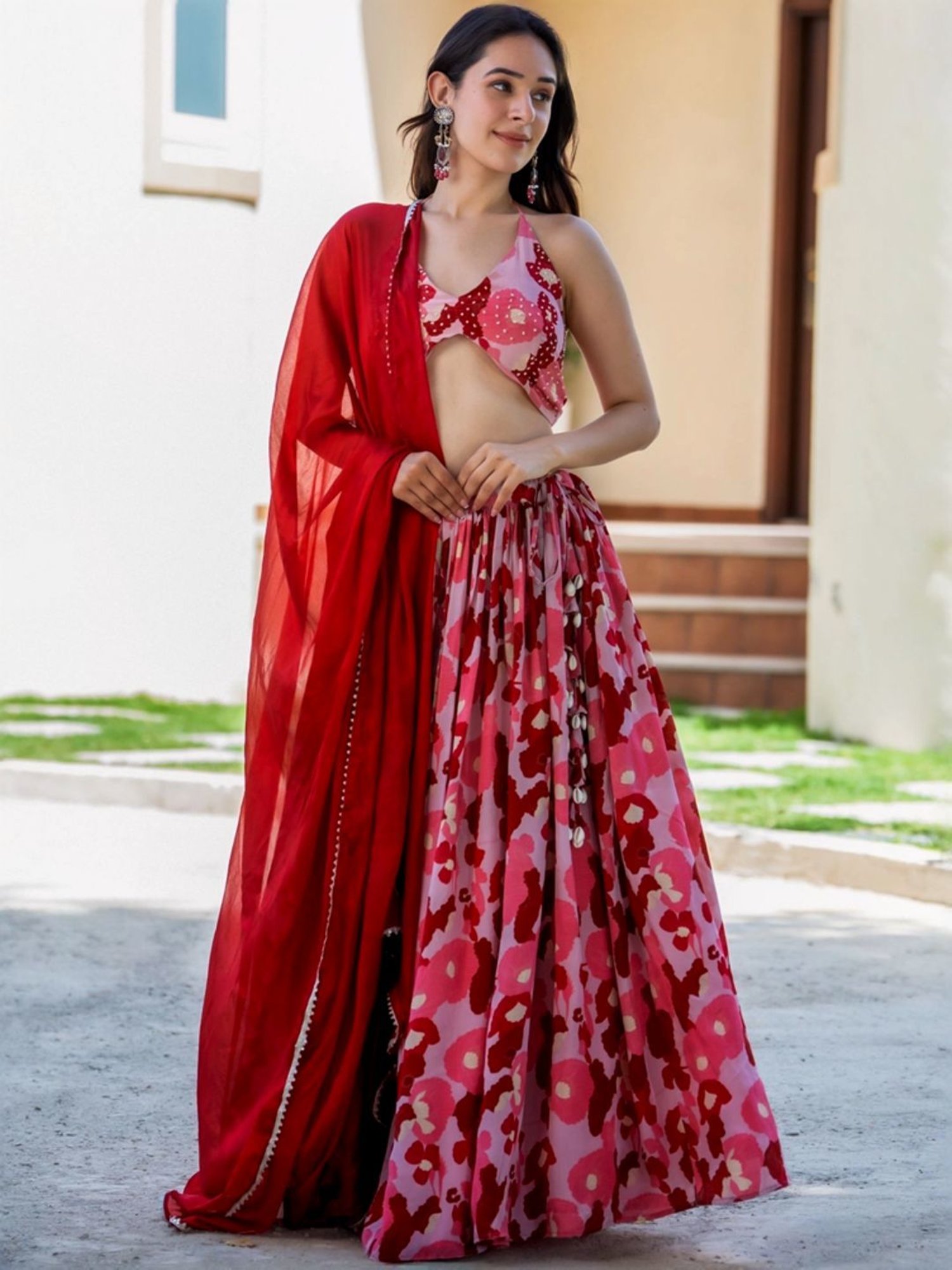 HOUSE OF JAMOTI Red Printed Lehenga Choli Set With Dupatta