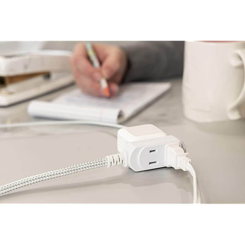 GrayWhite Designer 3 Extension Cord 2 Prong Power Strip Extra Long 8 Ft Cable with Flat Plug Braided Chevron Fabric SlidetoLock Safety Outlets 39980