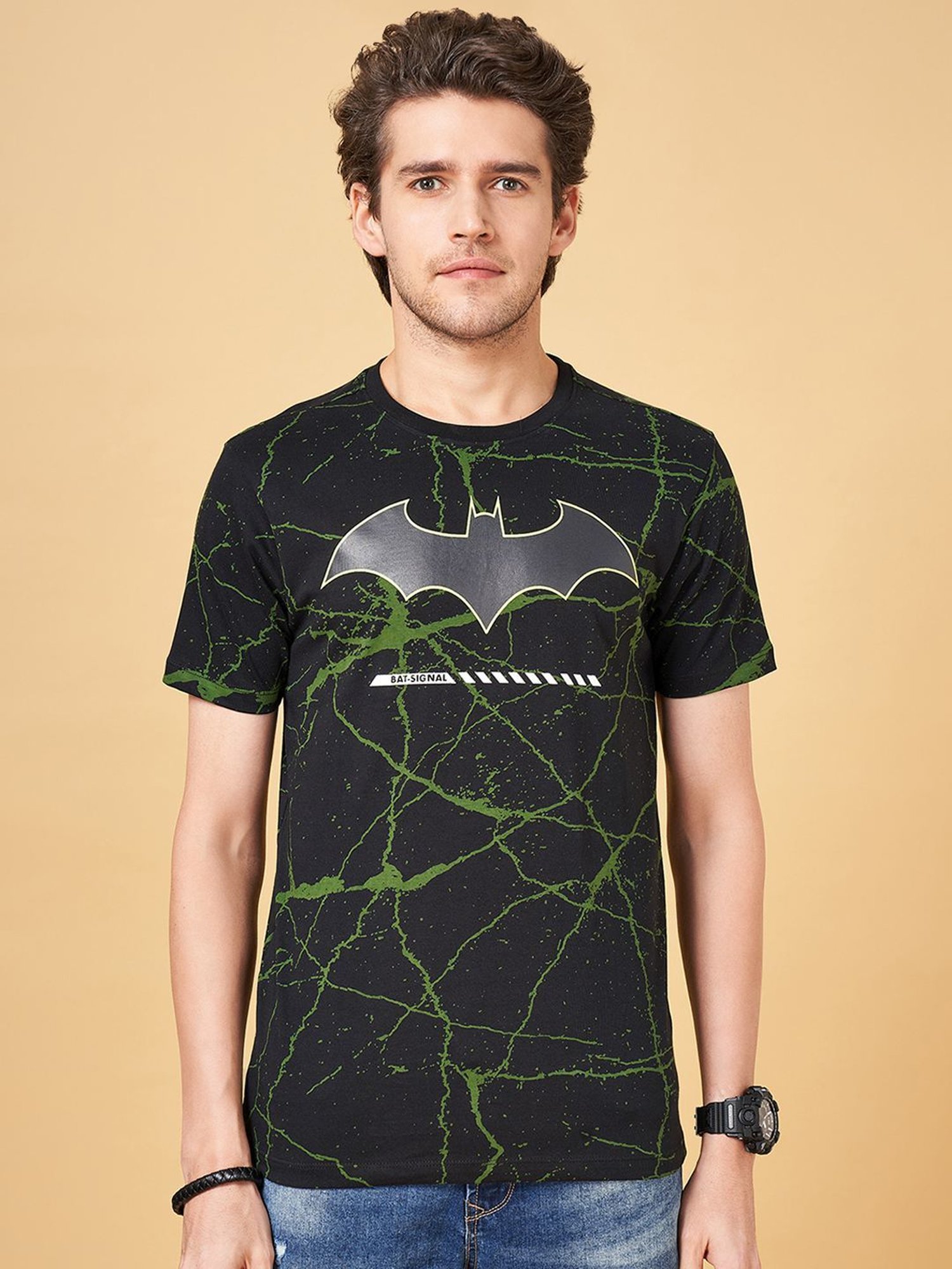 SF Jeans by Pantaloons Jet Black Cotton Slim Fit Printed T-Shirt