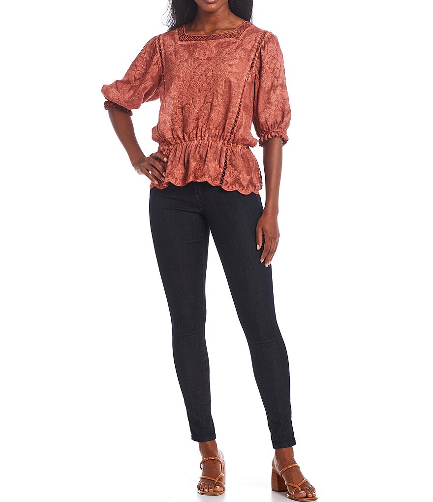 Democracy Mineral Wash Crochet Square Neck Scallop Trim Elbow Sleeve Peplum Top