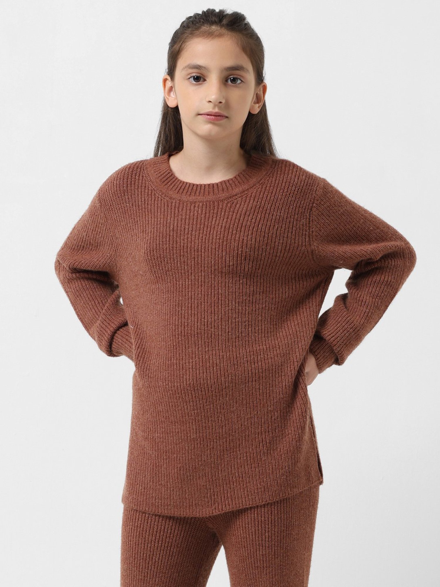 VERO MODA GIRL Brown Solid Full Sleeves Sweater