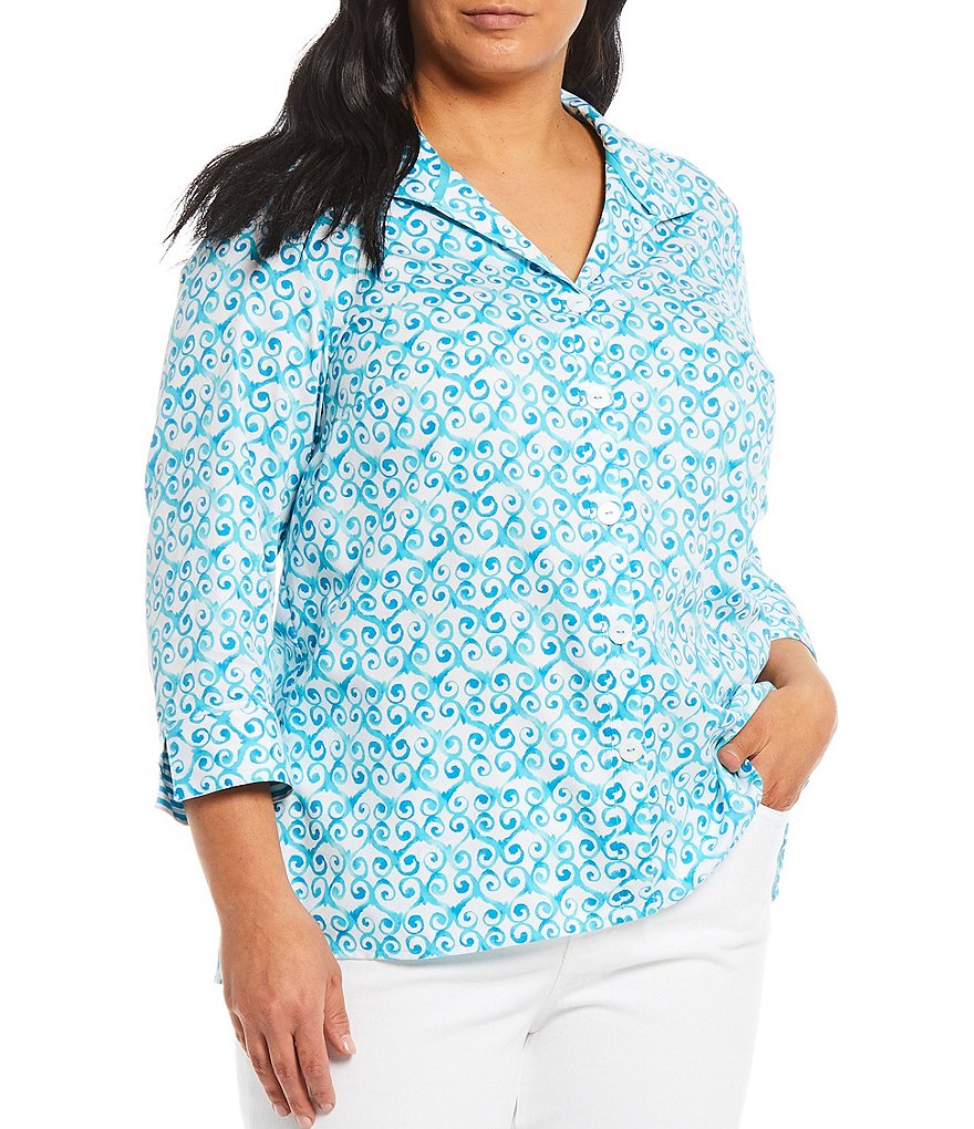 Foxcroft Plus Size Watercolor Trellis Notch Collar Neck 3/4 Sleeve Tunic