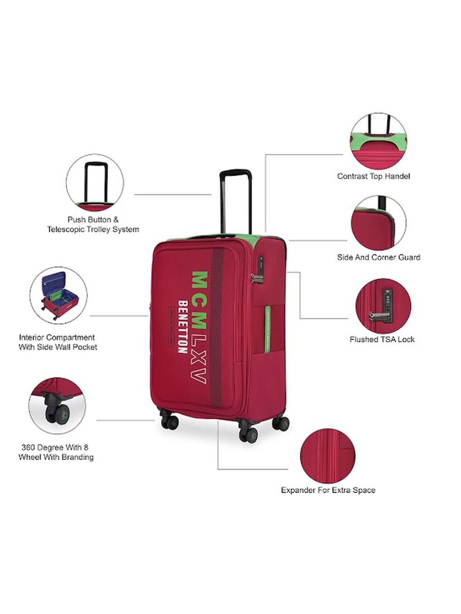 United Colors of Benetton Topaz Red Printed Soft Cabin Trolley Bag - 58.5 Cms