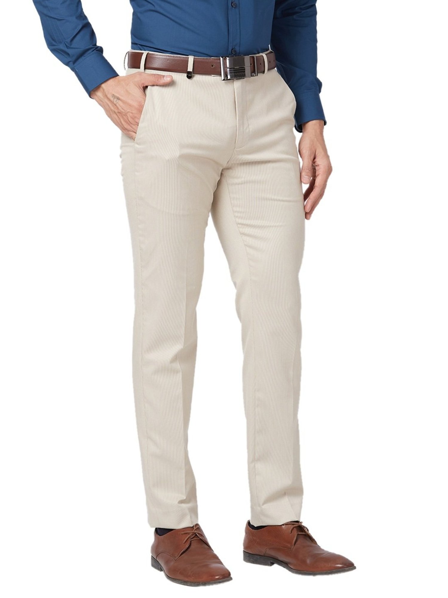 Park Avenue Beige Classic Fit Striped Trousers