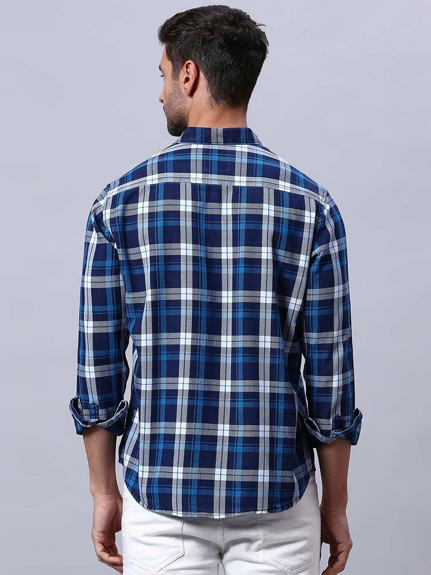 HJ HASASI Blue Slim Fit Check Cotton Shirt
