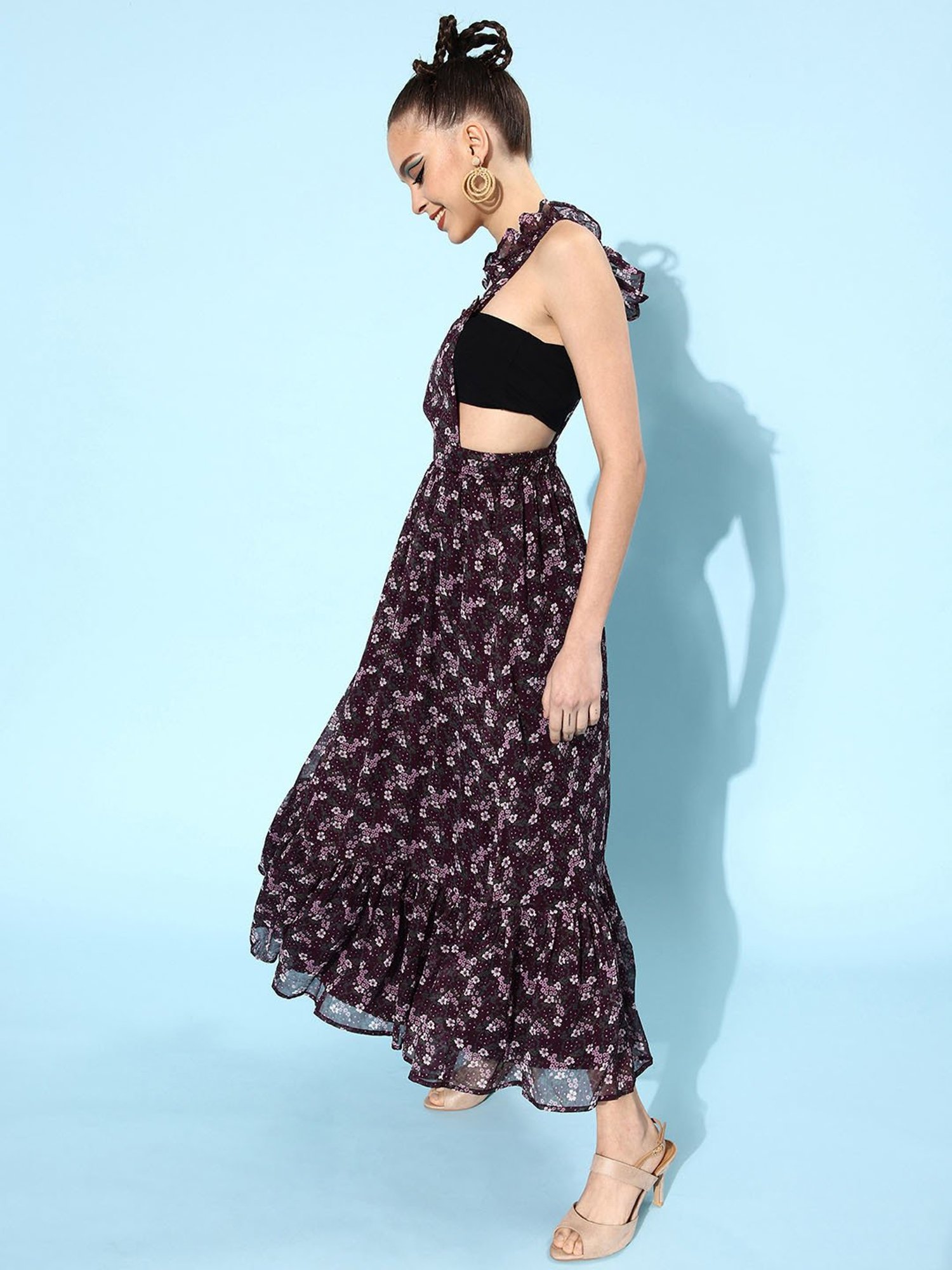 QUIERO Wine Floral Print Fit & Flare Dress