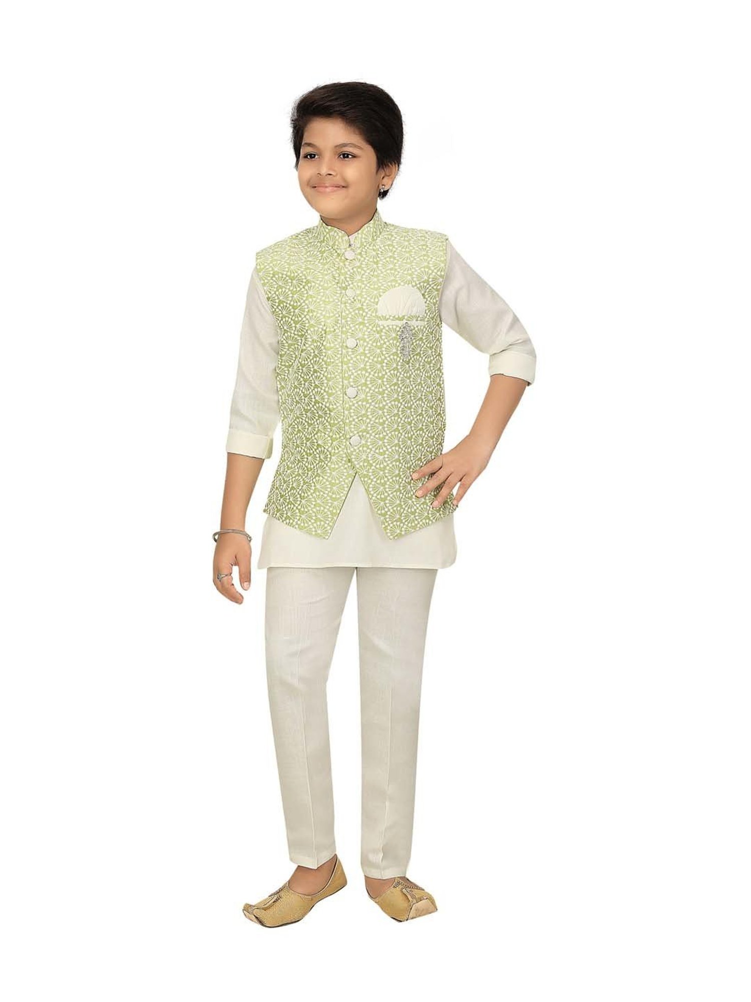 Ahhaaaa Kids Green & White Cotton Embroidered Full Sleeves Kurta Set