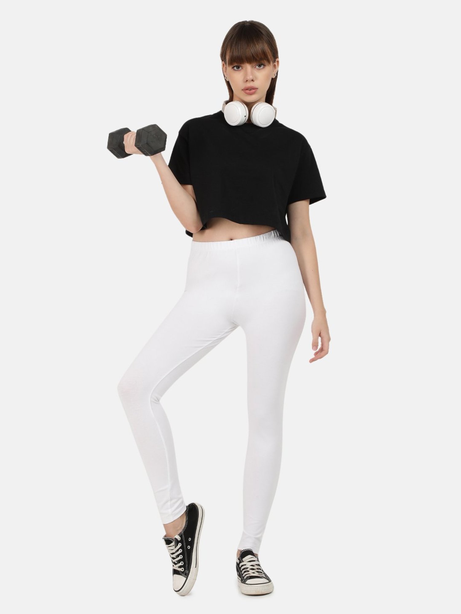 Bene Kleed White & Grey Cotton Slim Fit Leggings (Pack Of 2)