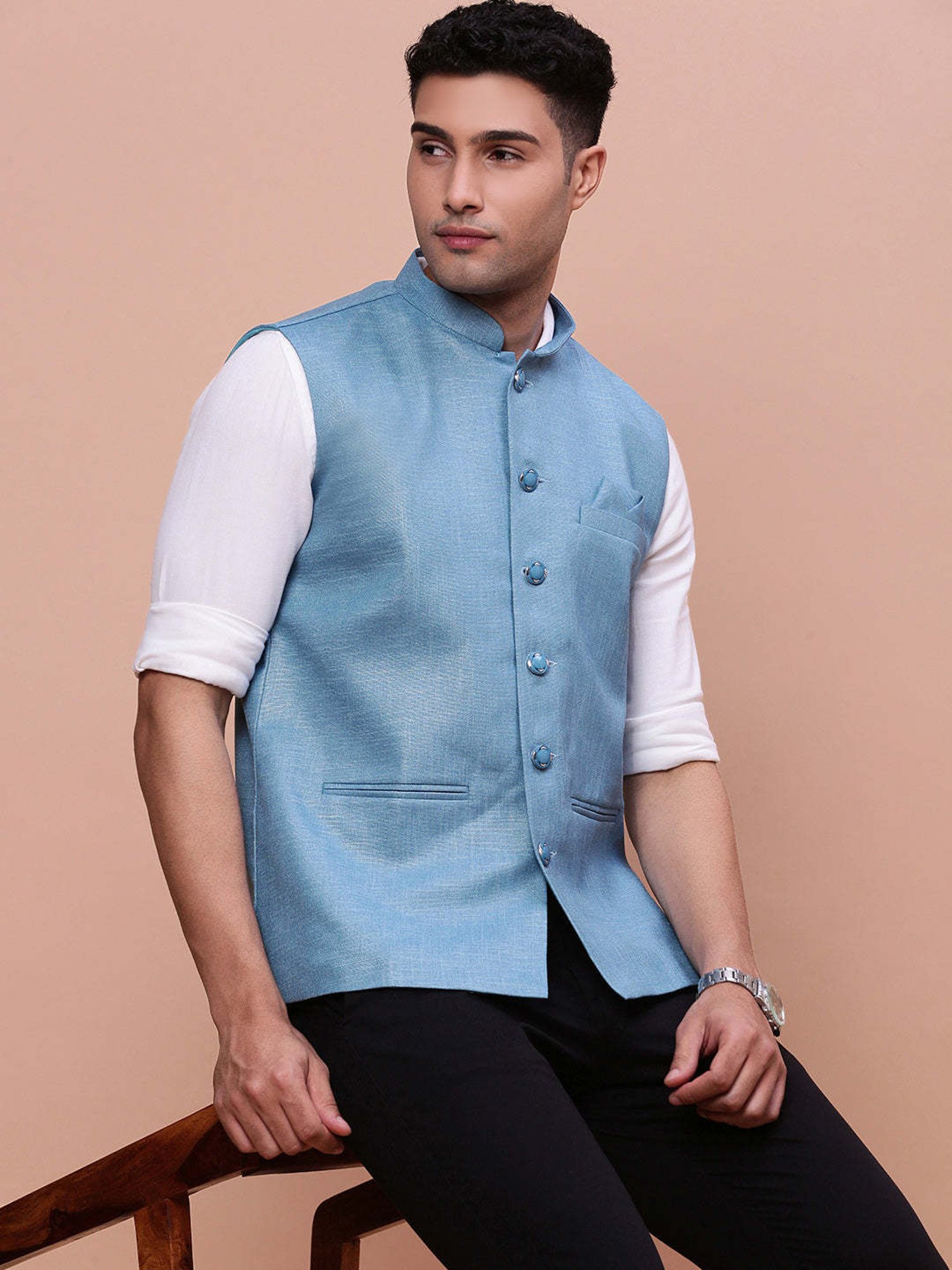 VASTRAMAY Teal Green Regular Fit Printed Nehru Jacket