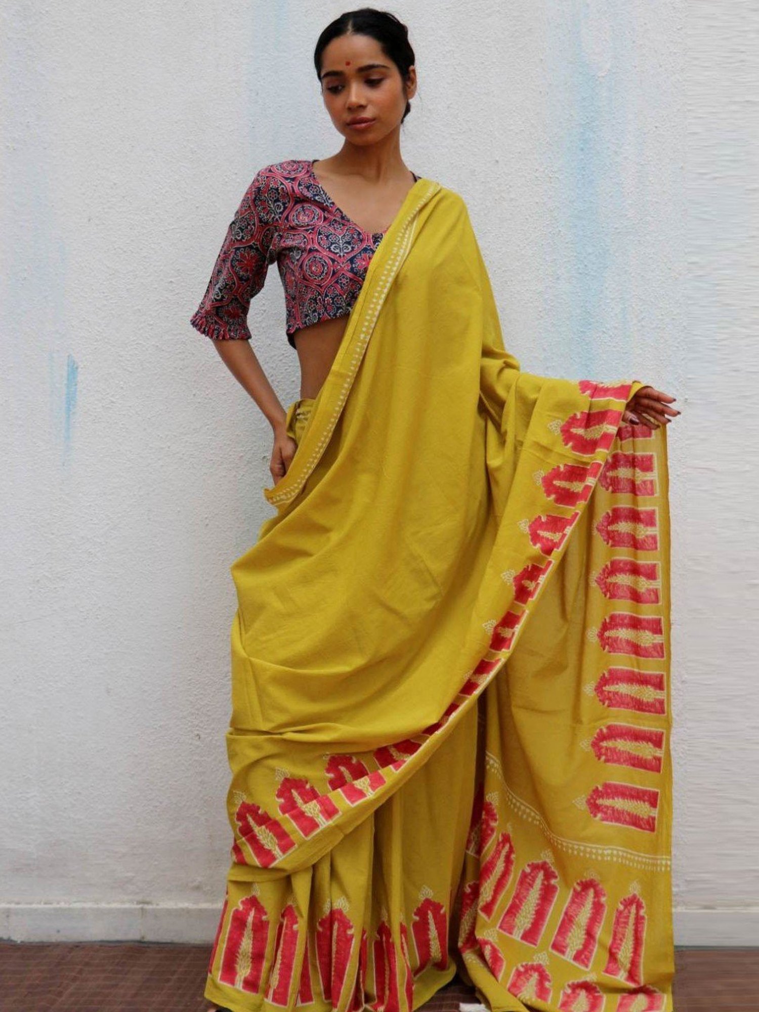 Chidiyaa Mustard Yellow Paakhi Apricot Sun Handblock Printed Cotton Saree