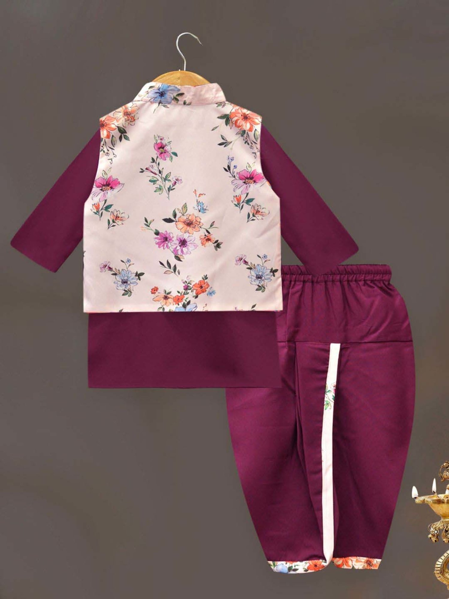 A.T.U.N. Boys Wine & Pink Printed Full Sleeves Kurta Set