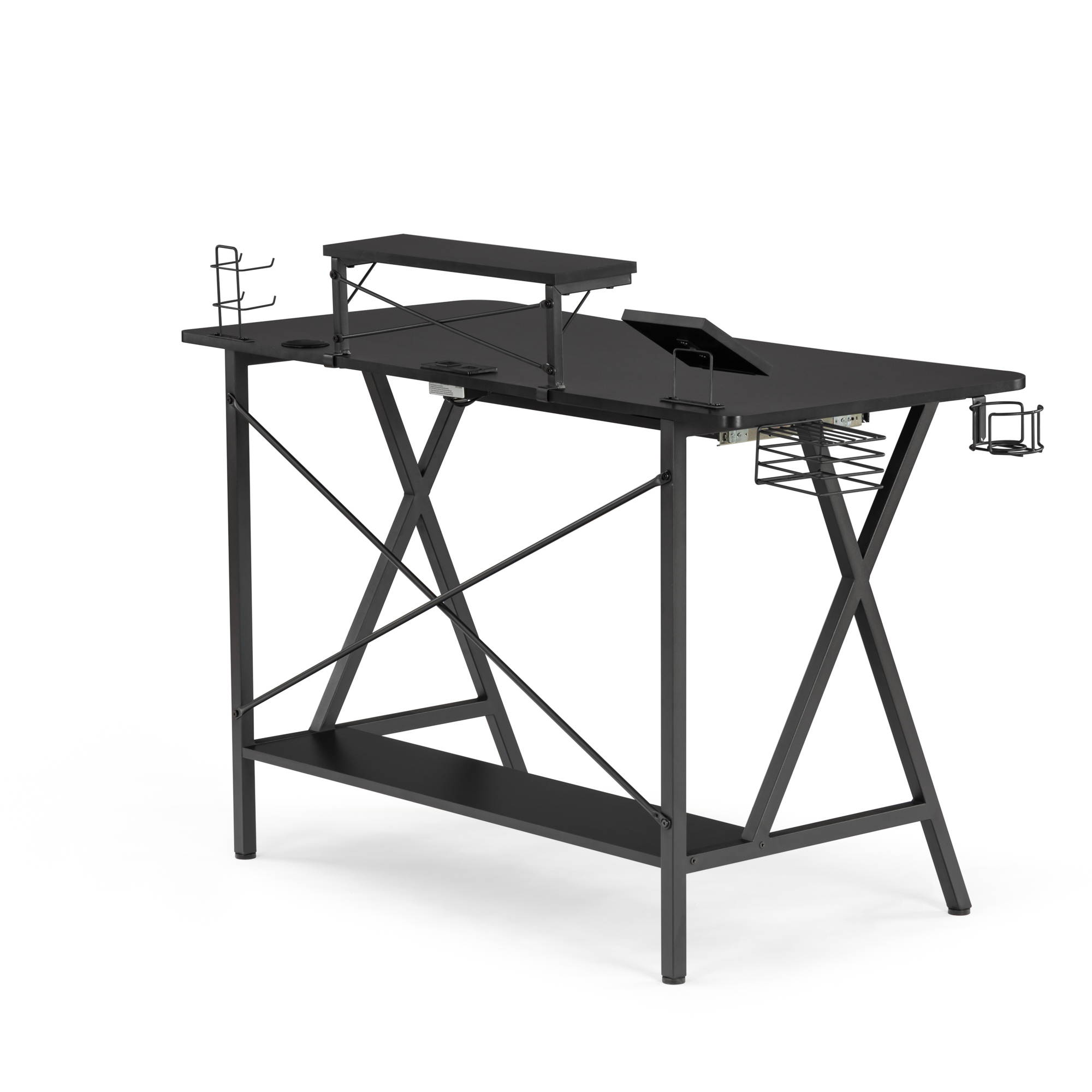 Gaming Desk, 47" E-Sports Computer Desk, E-Sports Computer Desk, PC Gaming Workstation Desk with PC Stand Shelf, Keyboard Stand, Power Strip w/USB, Cup Holder&Headphone Hook, Home Office Desk, Black