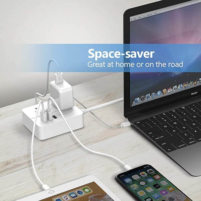 Compact Travel Power Strip with 3 USB Smart Charging Station and 2 Power Outlet White