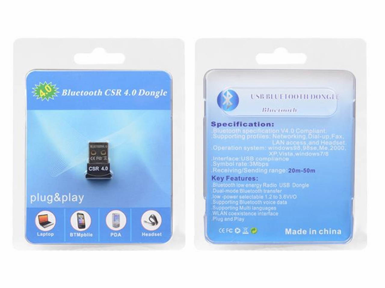 Wireless Bluetooth CSR 4.0 Dongle Adapter Bluetooth V4.0 USB Adapter CSR Chip Dongle Stick EDR USB 2.0 Dual-Mode Support Bluetooth Voice data/Music/Printer for laptop/Pad/Headser/BTMpblie