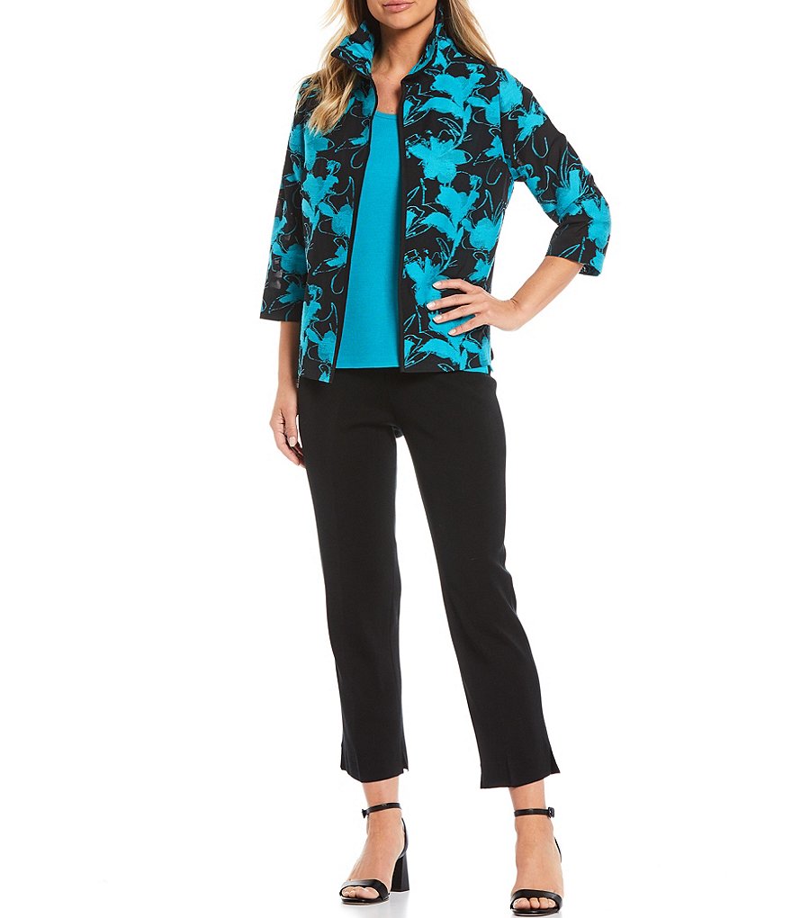 Ming Wang 3/4 Sleeve Puff Collar Open Front Floral Jacket