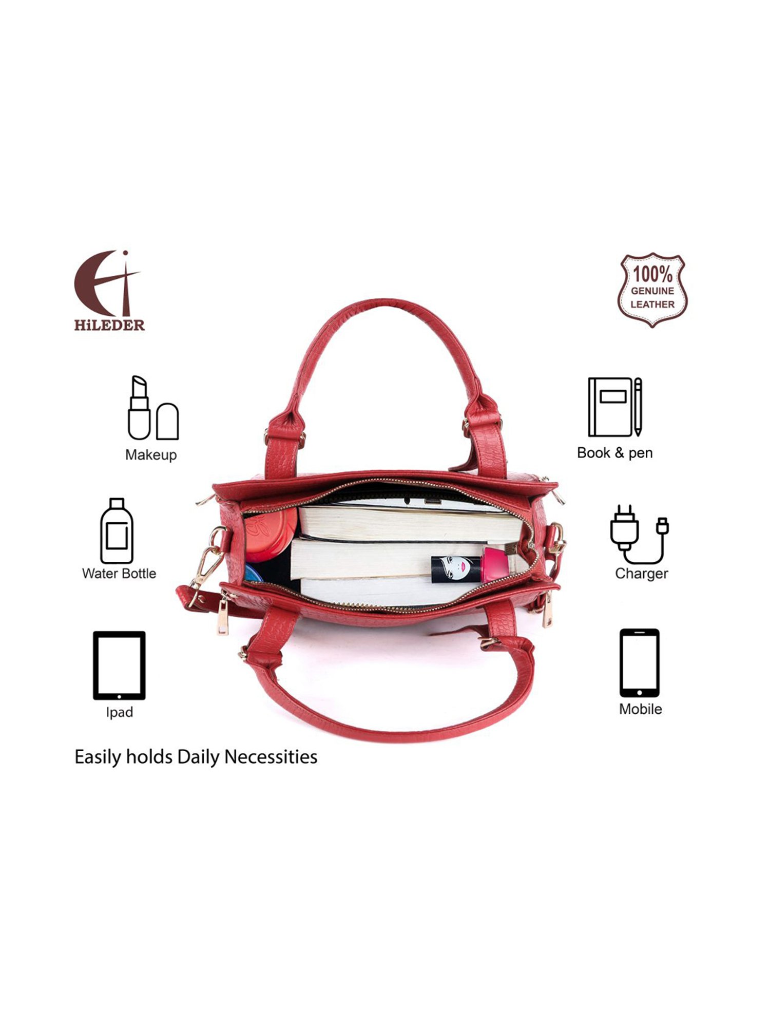 HiLEDER Red Textured Medium Handbag